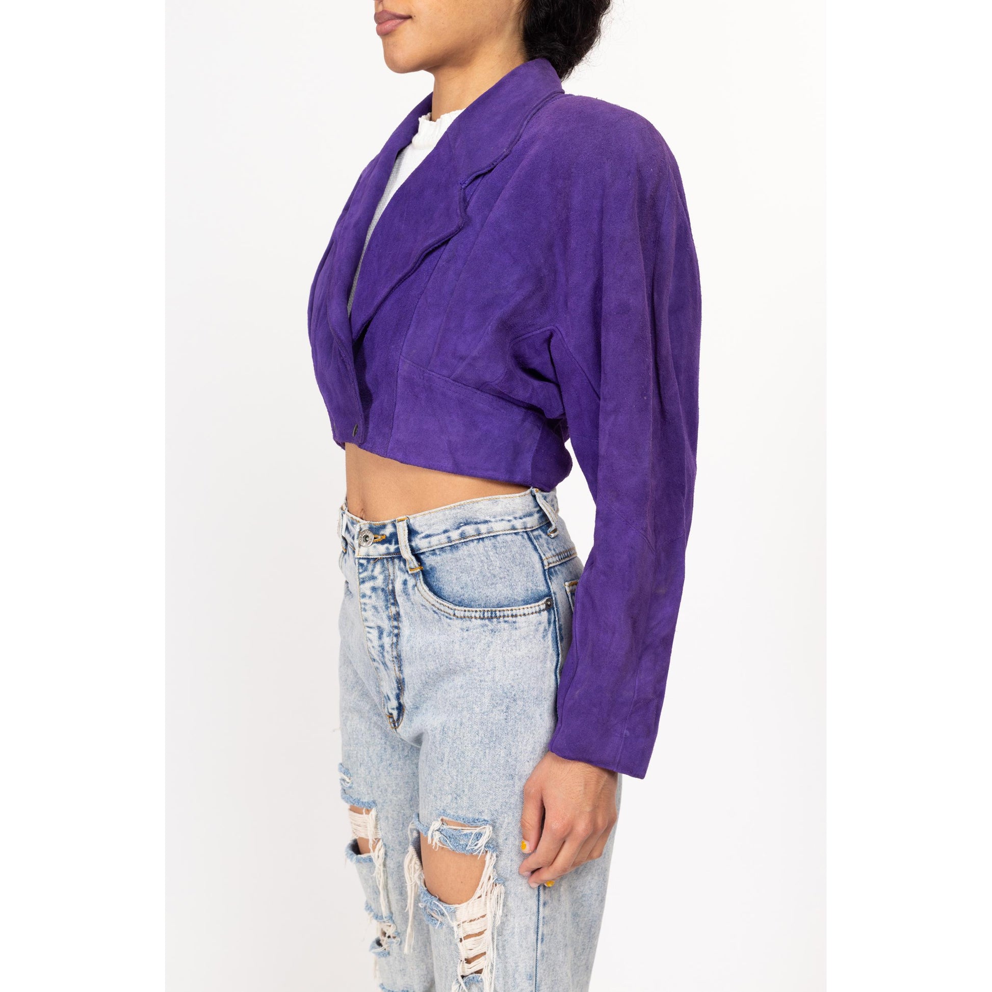 Small 80s Purple Suede Crop Moto Jacket | Vintage Maximalist Leather Motorcycle Biker Coat