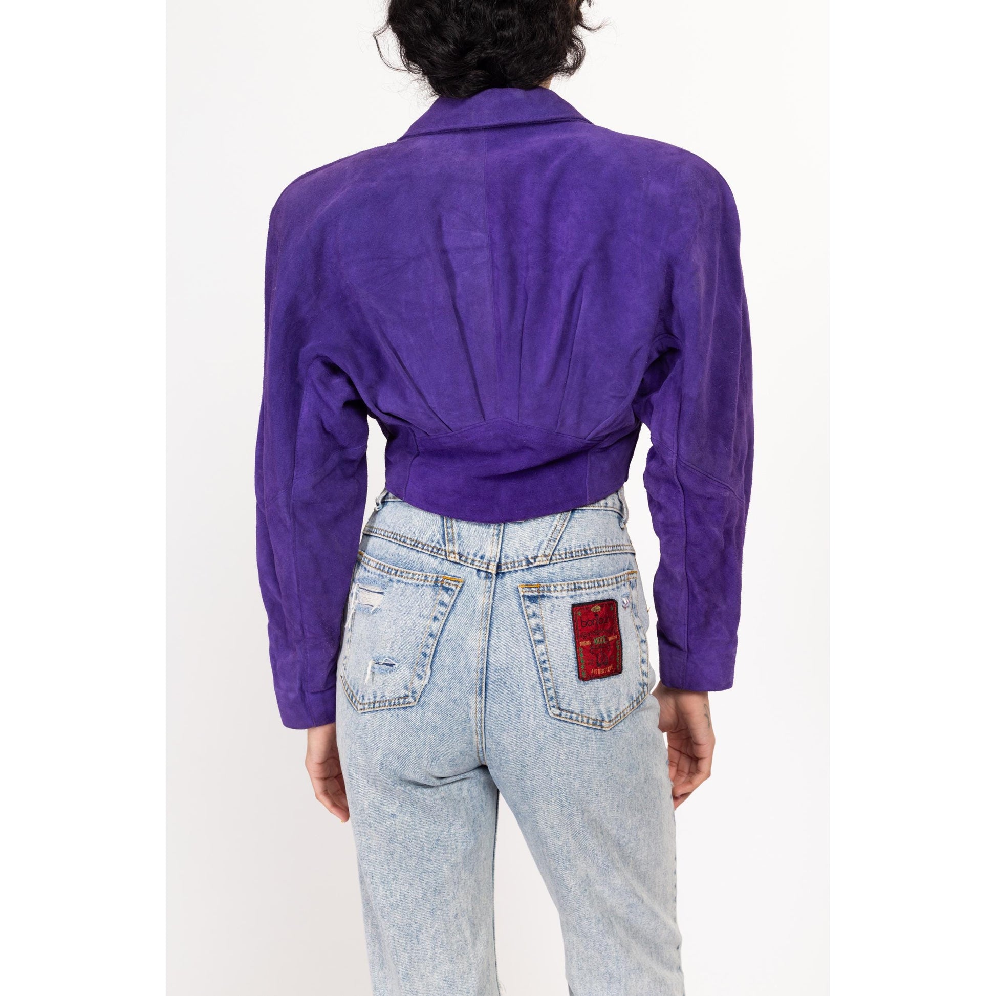 Small 80s Purple Suede Crop Moto Jacket | Vintage Maximalist Leather Motorcycle Biker Coat