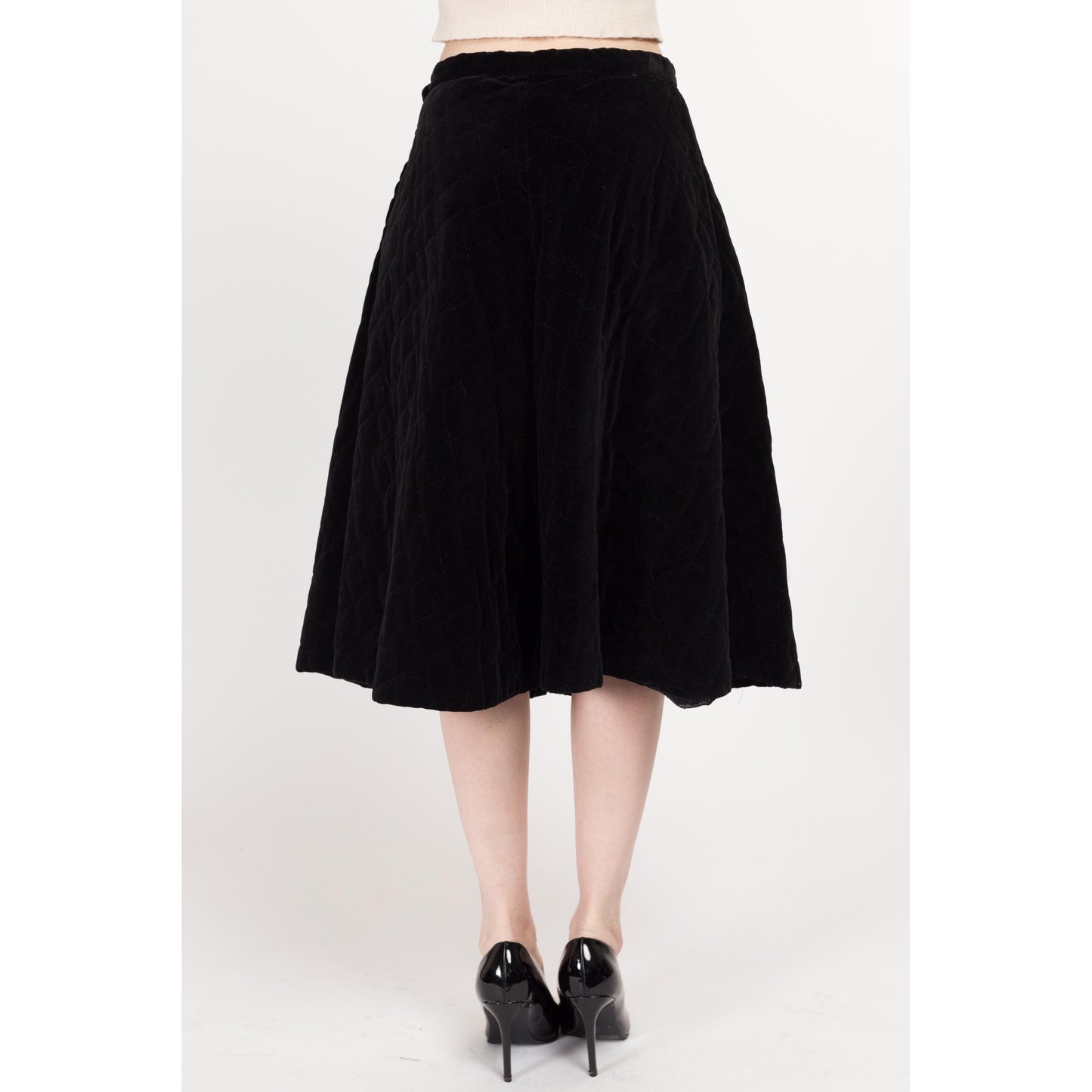 Medium 1950s Quilted Black Velvet Half Circle Skirt 28" | Vintage 50s High Waisted Midi Swing Skirt