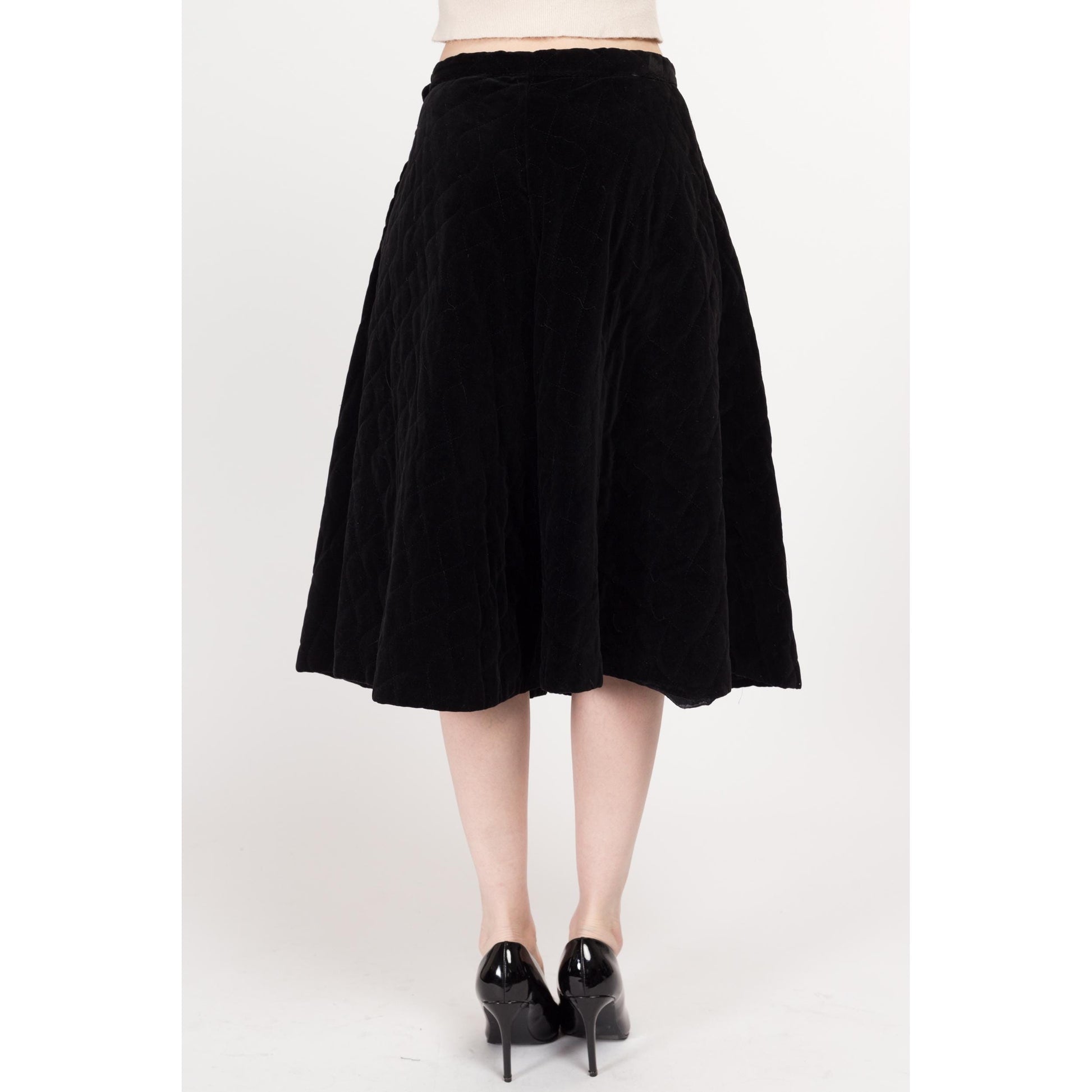 Medium 1950s Quilted Black Velvet Half Circle Skirt 28" | Vintage 50s High Waisted Midi Swing Skirt