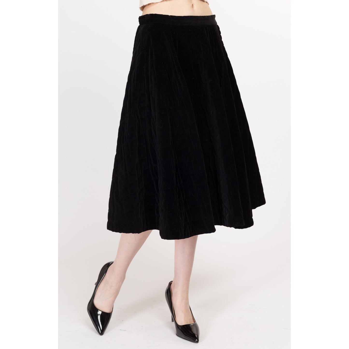 Medium 1950s Quilted Black Velvet Half Circle Skirt 28" | Vintage 50s High Waisted Midi Swing Skirt