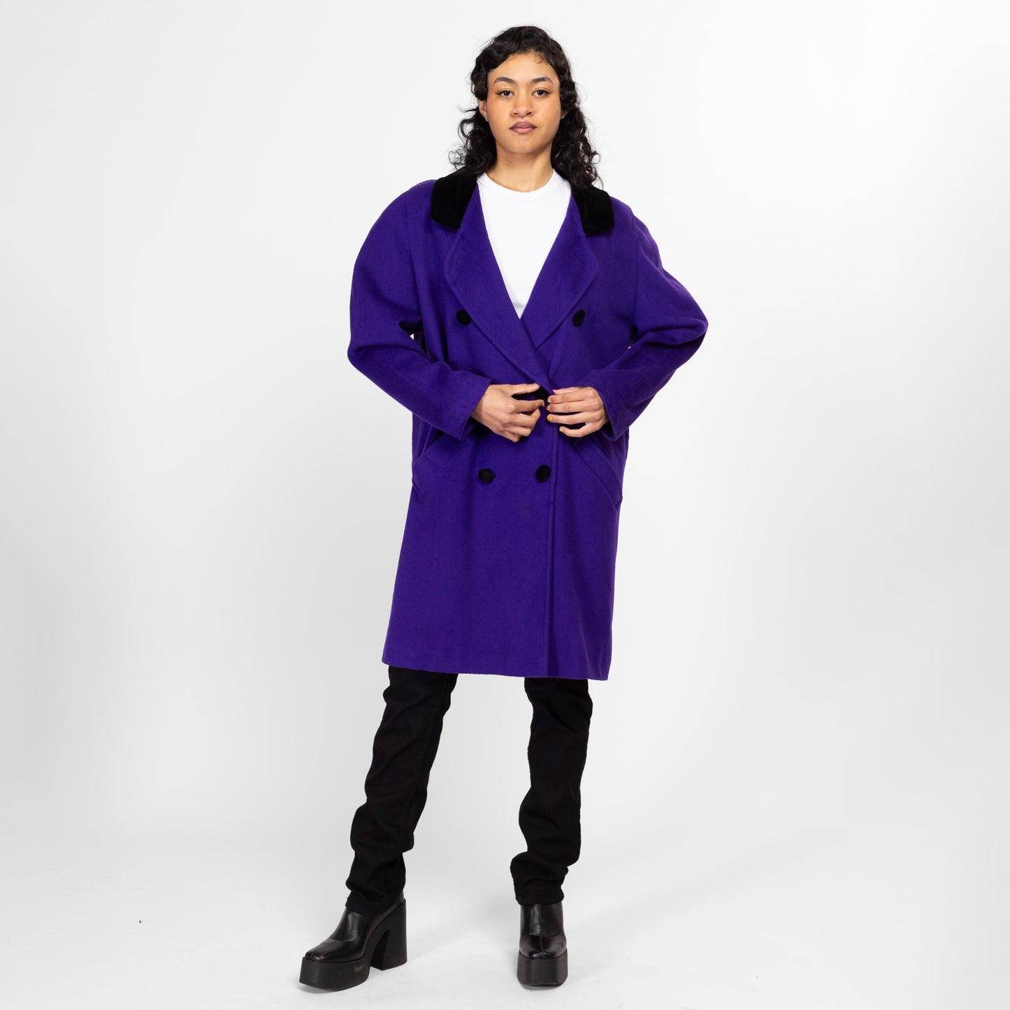 Medium 80s The Limited Royal Purple Oversized Wool Peacoat | Vintage Velvet Trim Double Breasted Long Coat