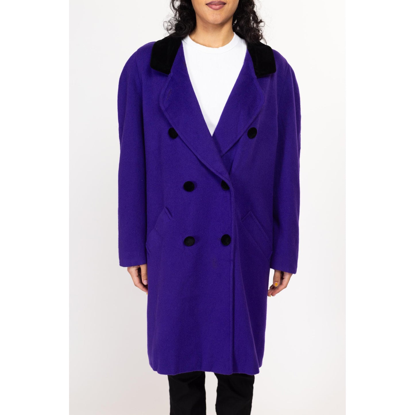 Medium 80s The Limited Royal Purple Oversized Wool Peacoat | Vintage Velvet Trim Double Breasted Long Coat