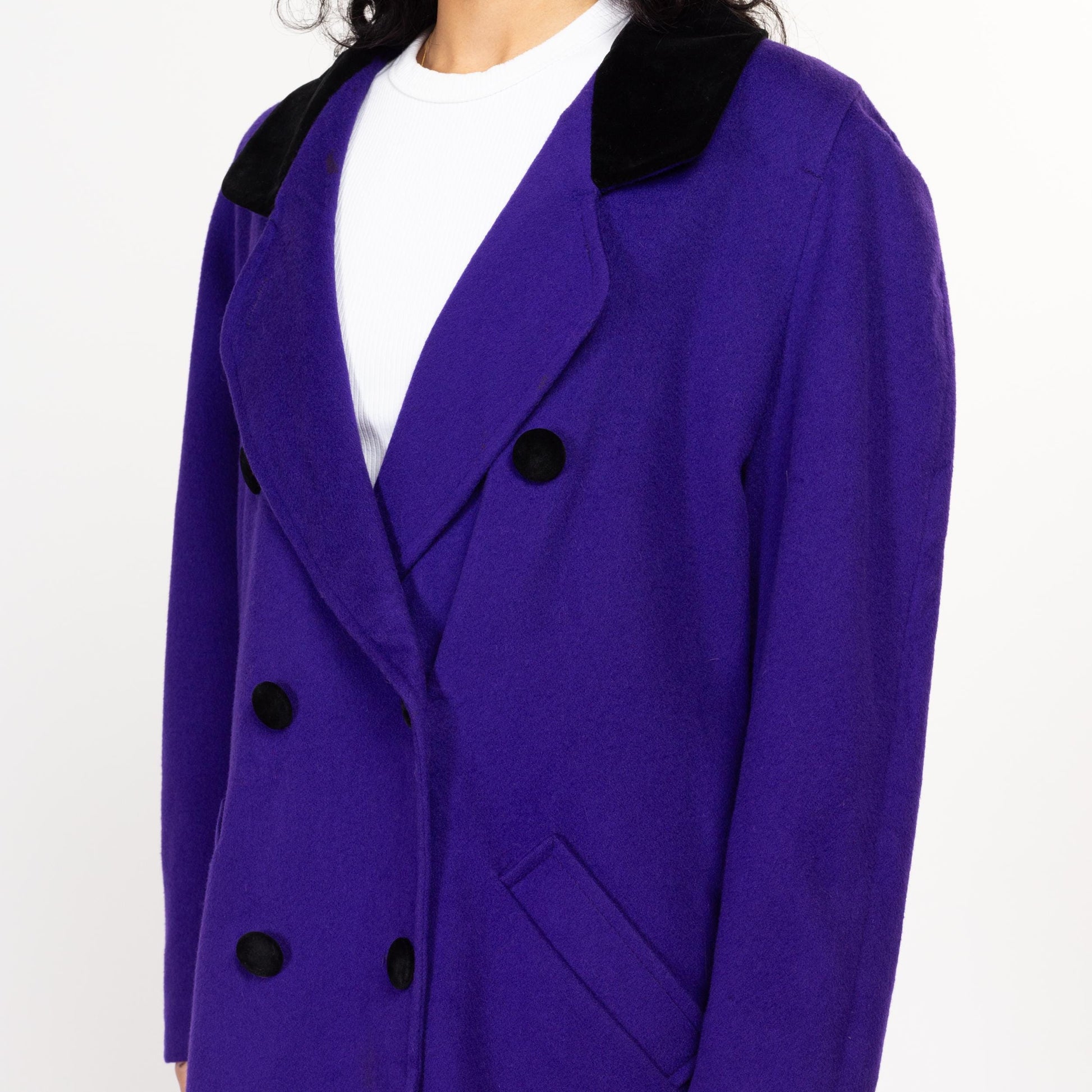 Medium 80s The Limited Royal Purple Oversized Wool Peacoat | Vintage Velvet Trim Double Breasted Long Coat