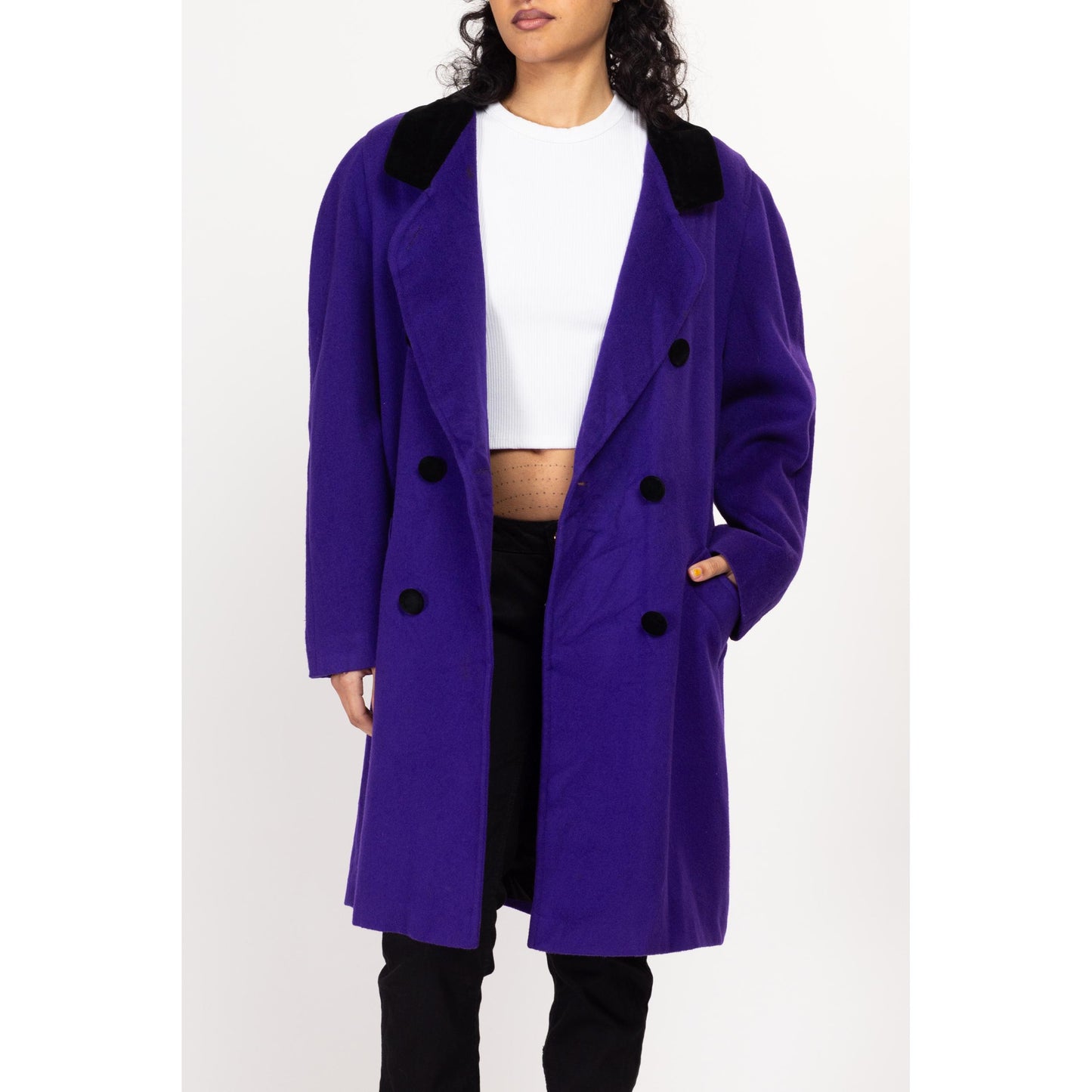 Medium 80s The Limited Royal Purple Oversized Wool Peacoat | Vintage Velvet Trim Double Breasted Long Coat