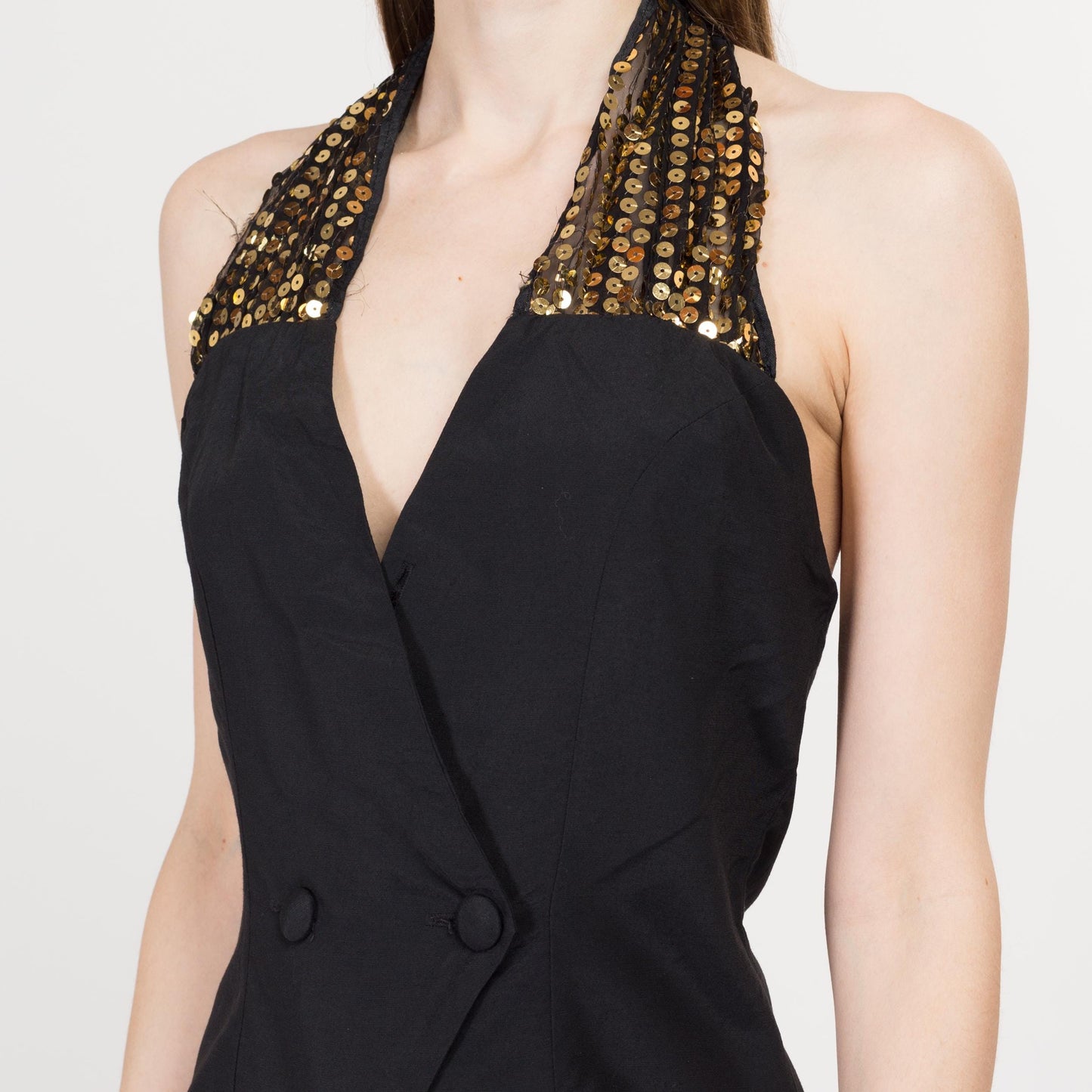 Small 80s Black & Gold Sequin Halter Top | Retro Vintage Low Back Wrap Front V Neck Blouse