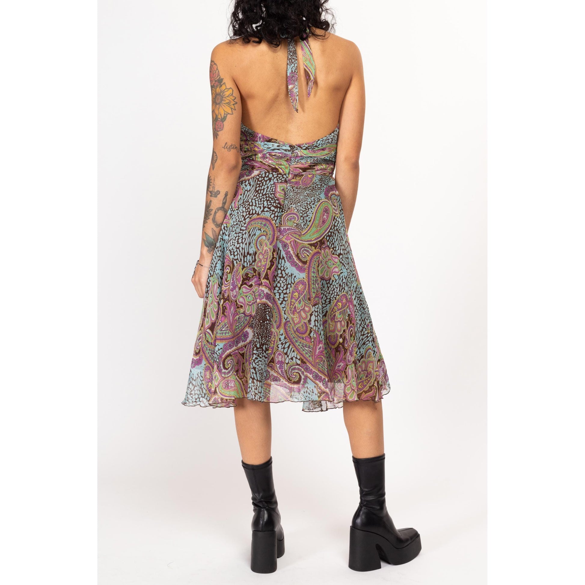 Sm-Med Y2K Boho Silk Paisley Print Halter Midi Dress | Vintage Sleeveless V Neck Flowy Party Dress