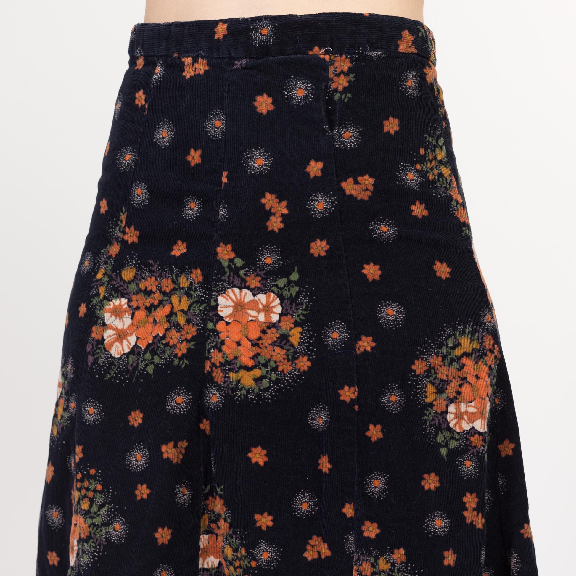 Small 70s Midnight Blue & Orange Floral Corduroy A Line Skirt 26" | Vintage Boho High Waisted Midi Skirt