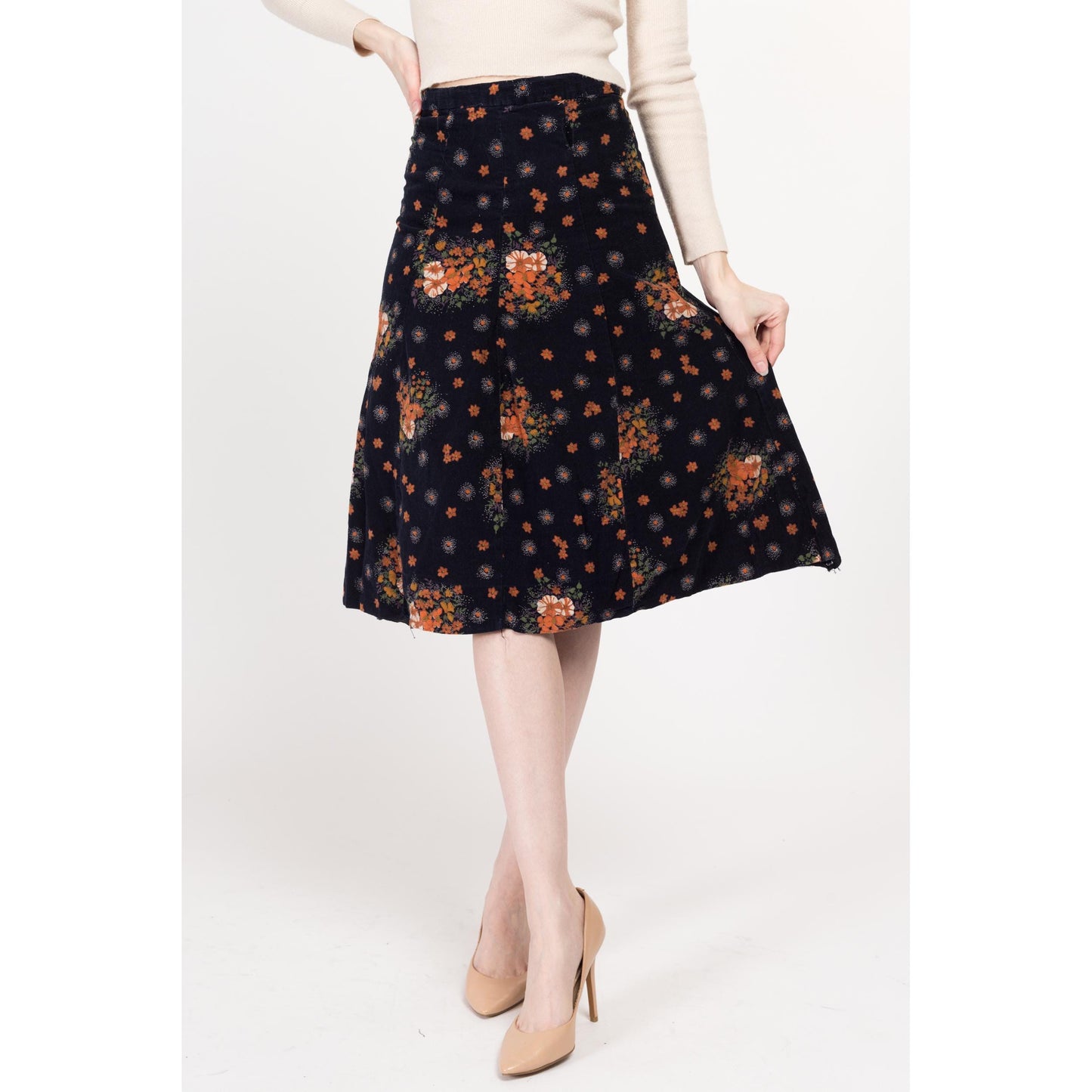 Small 70s Midnight Blue & Orange Floral Corduroy A Line Skirt 26" | Vintage Boho High Waisted Midi Skirt