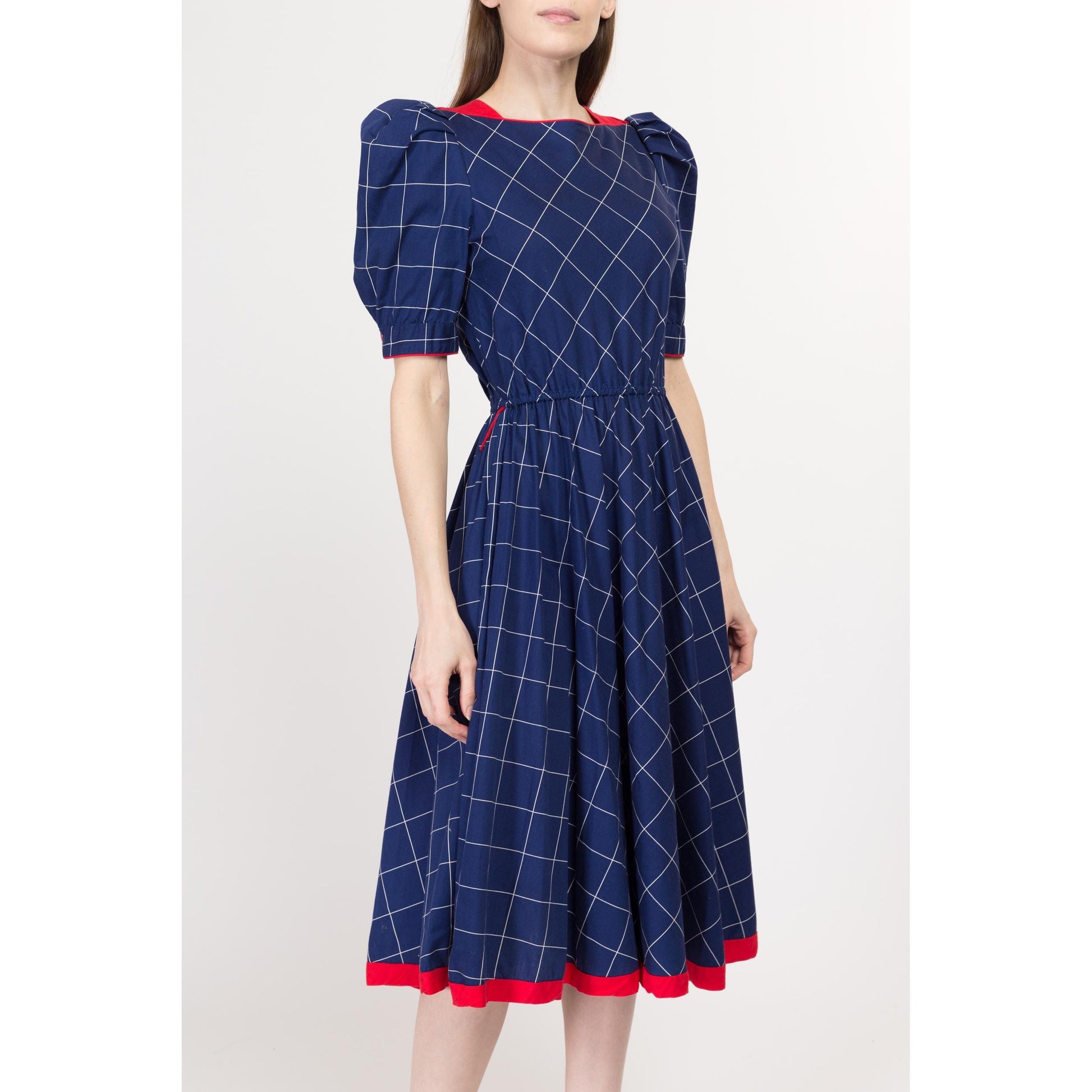 Small 70s Does 40s Blue Grid Print Midi Dress | Retro Vintage Boat Neck Puff Sleeve Fit & Flare Dress