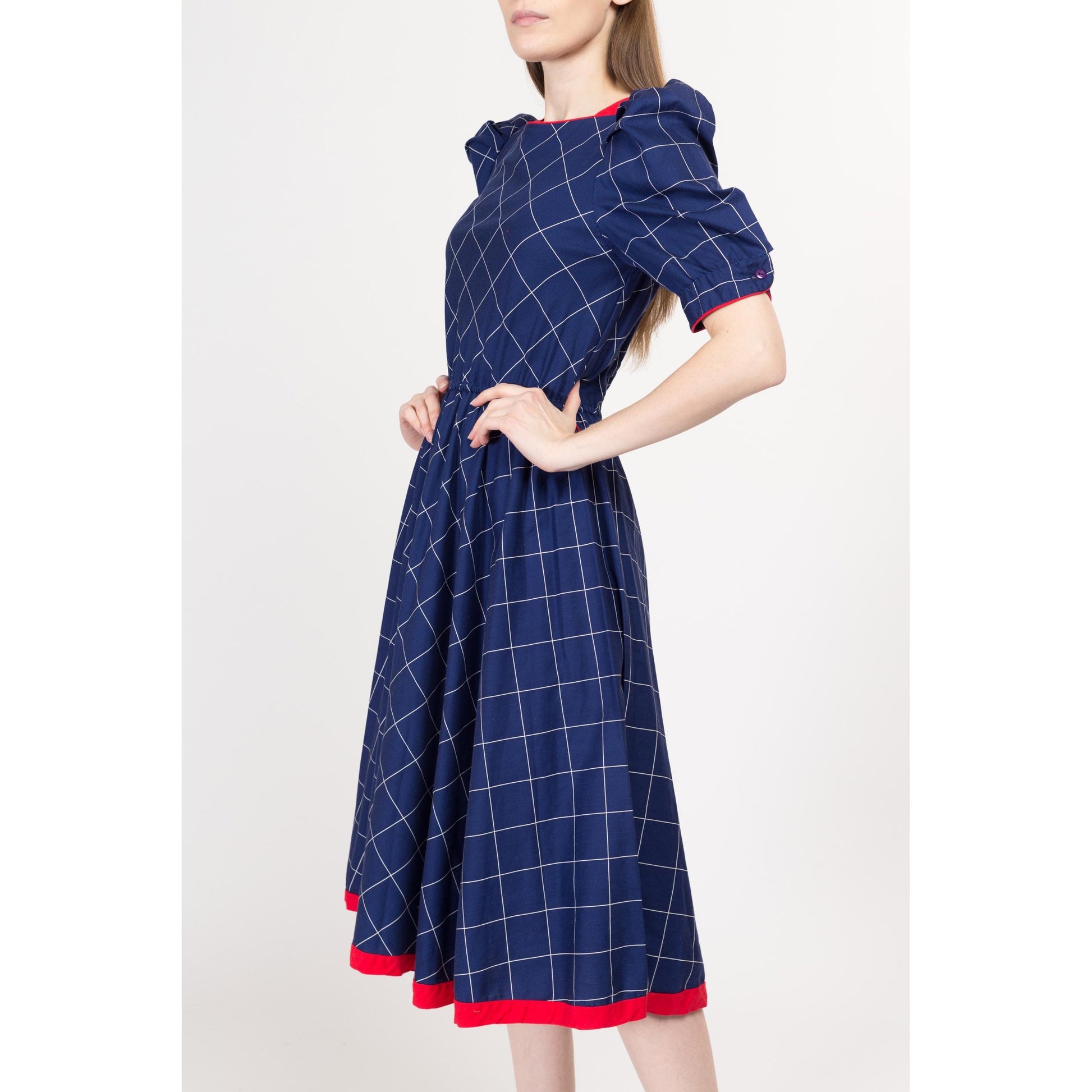 Small 70s Does 40s Blue Grid Print Midi Dress | Retro Vintage Boat Neck Puff Sleeve Fit & Flare Dress