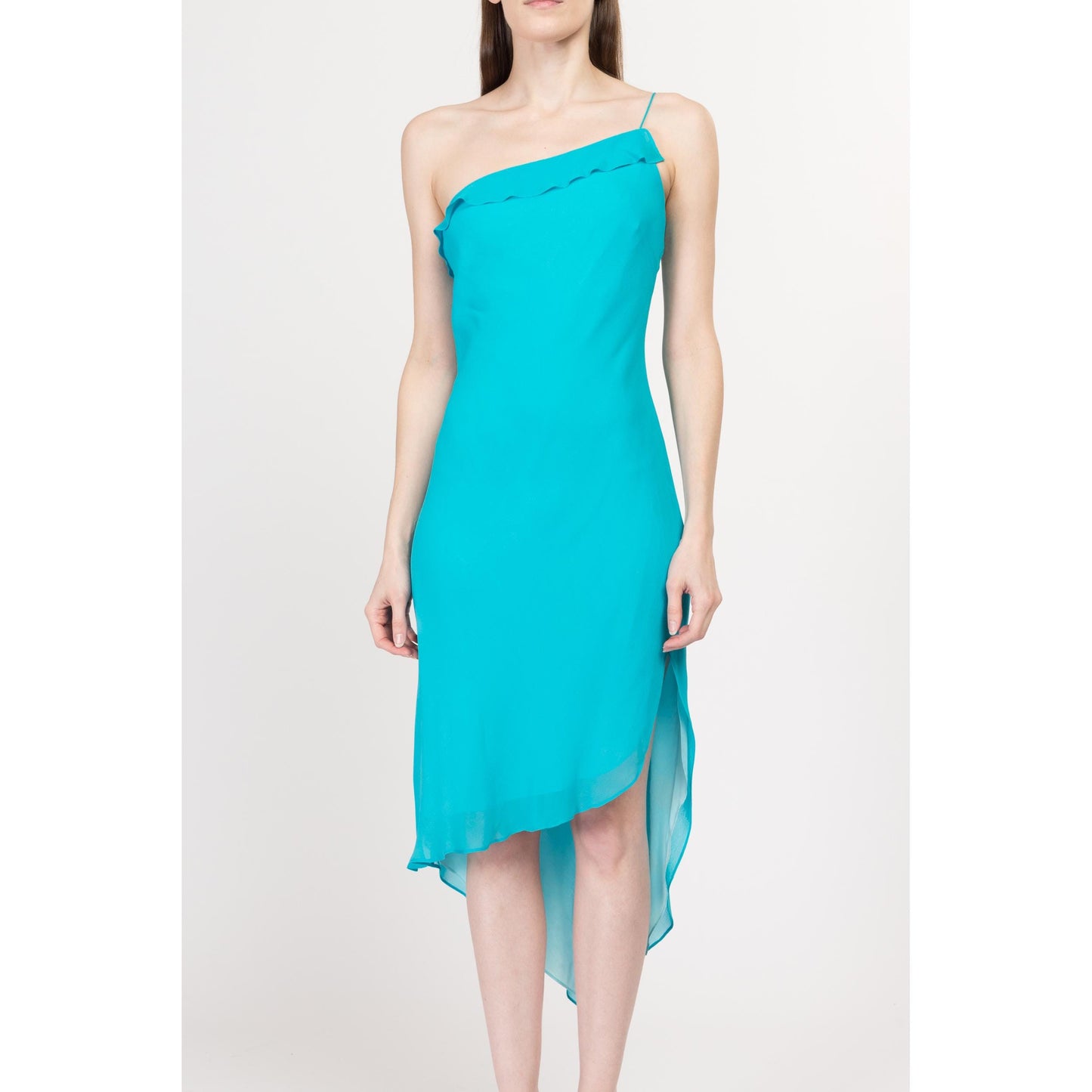 Medium 90s Y2K Aqua Blue Silk One Shoulder Party Dress | Vintage Express High Low Hem Midi Dress