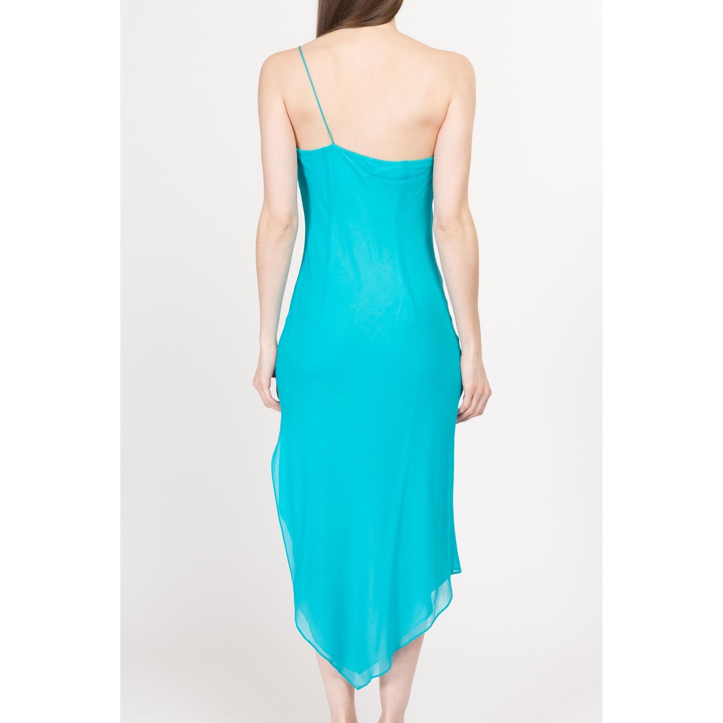 Medium 90s Y2K Aqua Blue Silk One Shoulder Party Dress | Vintage Express High Low Hem Midi Dress