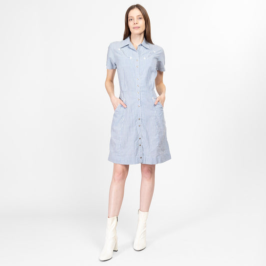 Medium 70s Western Blue & White Striped Seersucker Mini Dress | Vintage Short Sleeve Pinstripe Snap Front Pocket Shirtdress