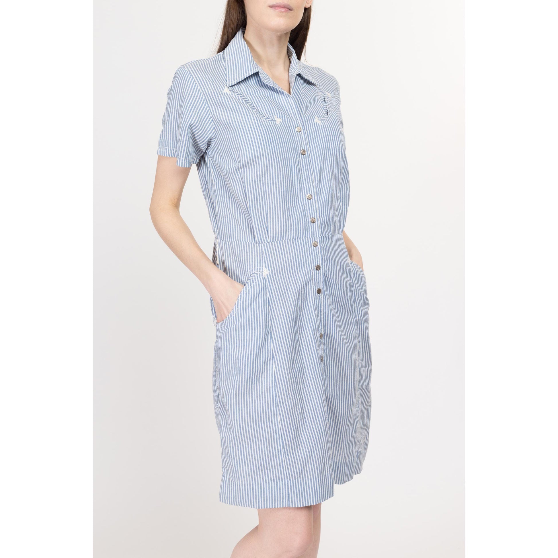 Medium 70s Western Blue & White Striped Seersucker Mini Dress | Vintage Short Sleeve Pinstripe Snap Front Pocket Shirtdress