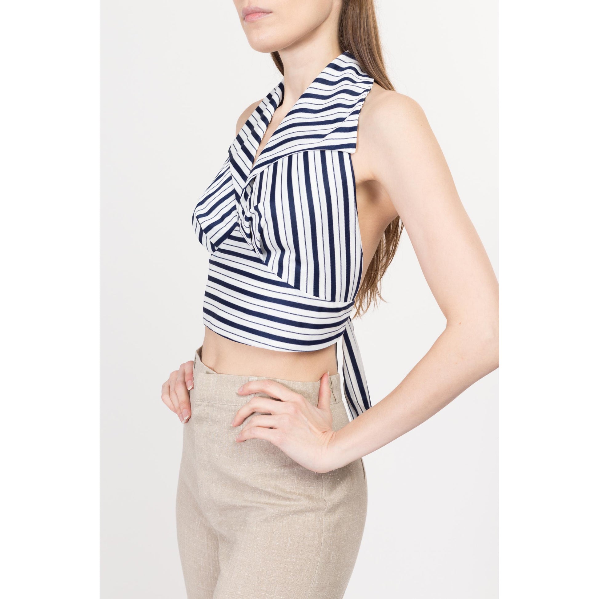 Sm-Med 70s Navy Blue & White Striped Halter Crop Top | Retro Vintage Backless Collared Disco Blouse