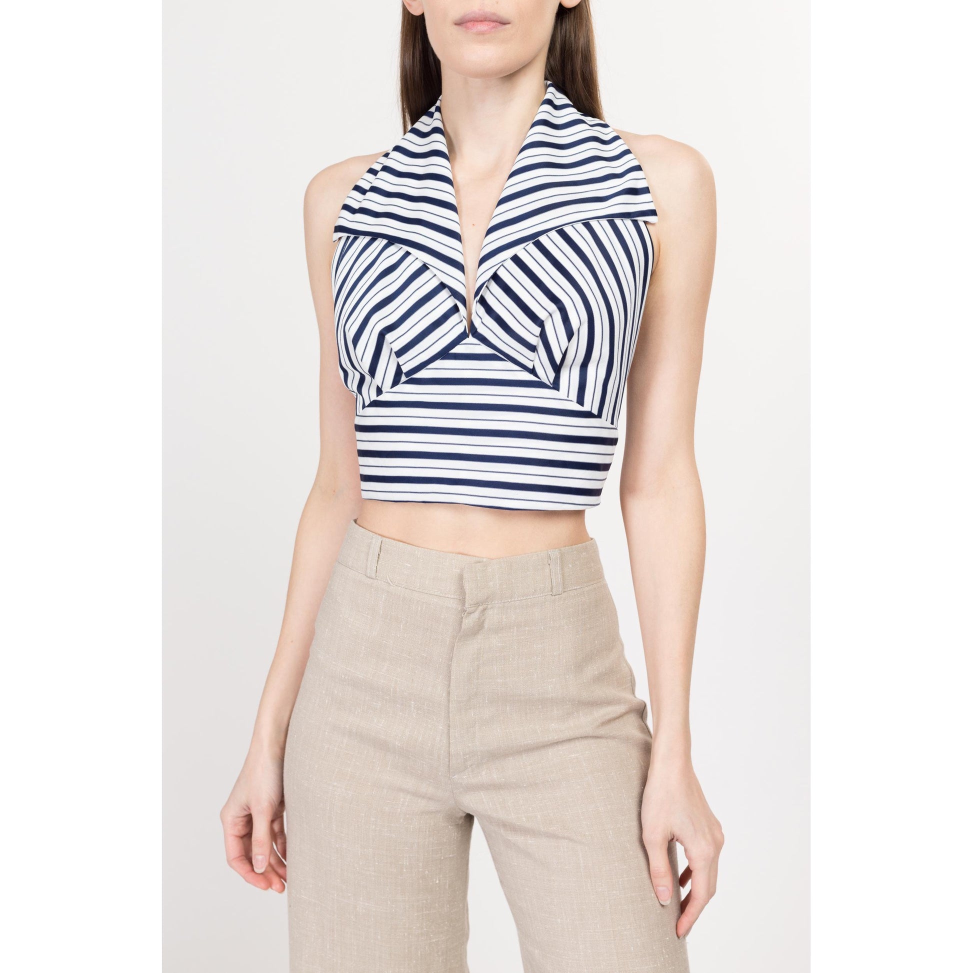 Sm-Med 70s Navy Blue & White Striped Halter Crop Top | Retro Vintage Backless Collared Disco Blouse