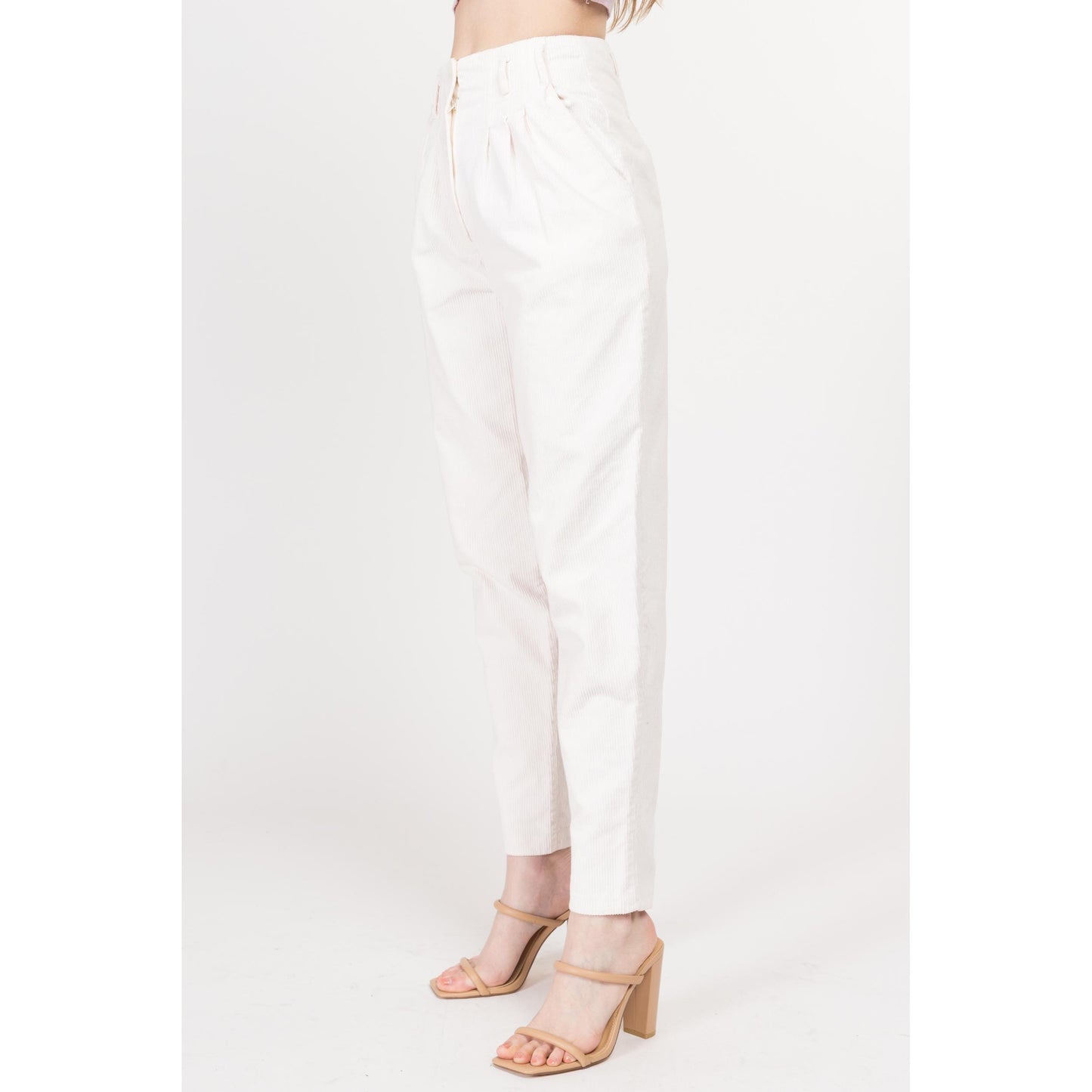 XS 80s White Corduroy High Waisted Pants 24" | Vintage Pleated Tapered Leg Cotton Retro Trousers