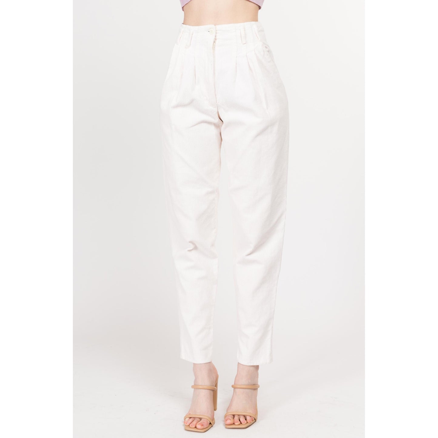 XS 80s White Corduroy High Waisted Pants 24" | Vintage Pleated Tapered Leg Cotton Retro Trousers