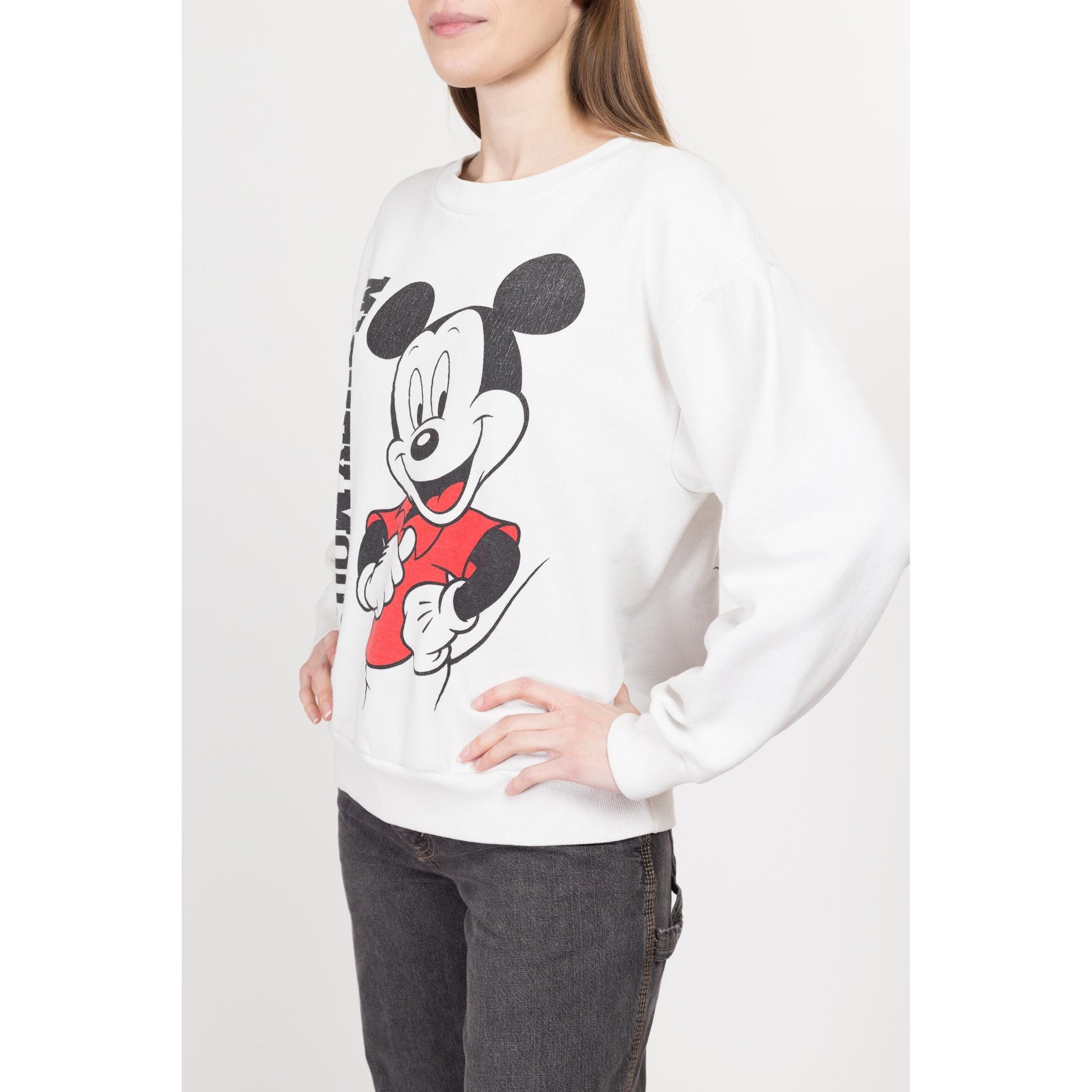 Large 90s Mickey Mouse Front & Back Graphic Sweatshirt | Vintage White Disney Cartoon Crewneck