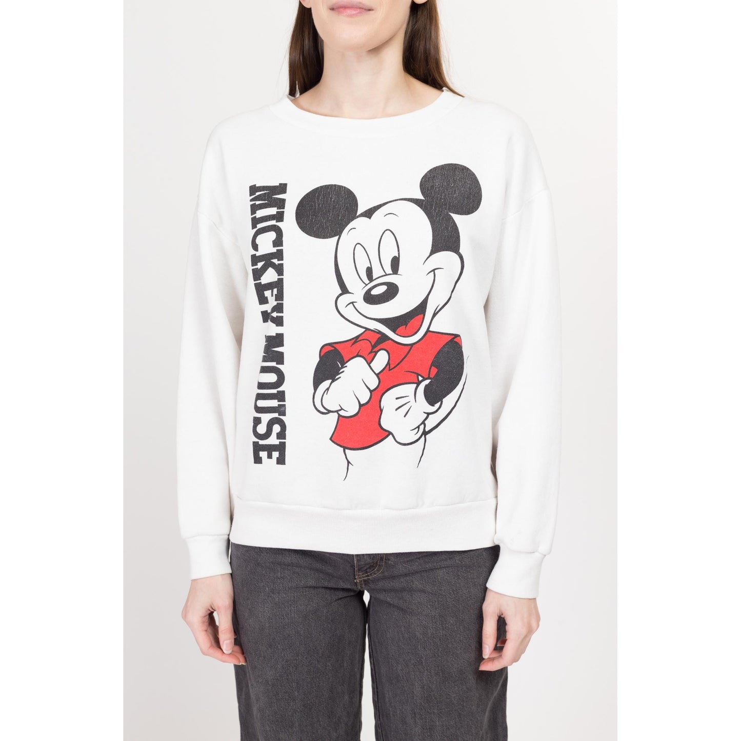 Large 90s Mickey Mouse Front & Back Graphic Sweatshirt | Vintage White Disney Cartoon Crewneck