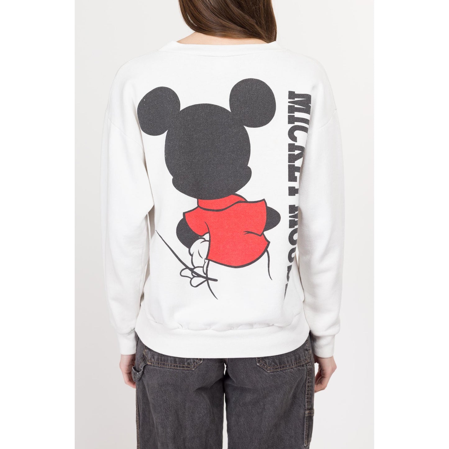 Large 90s Mickey Mouse Front & Back Graphic Sweatshirt | Vintage White Disney Cartoon Crewneck