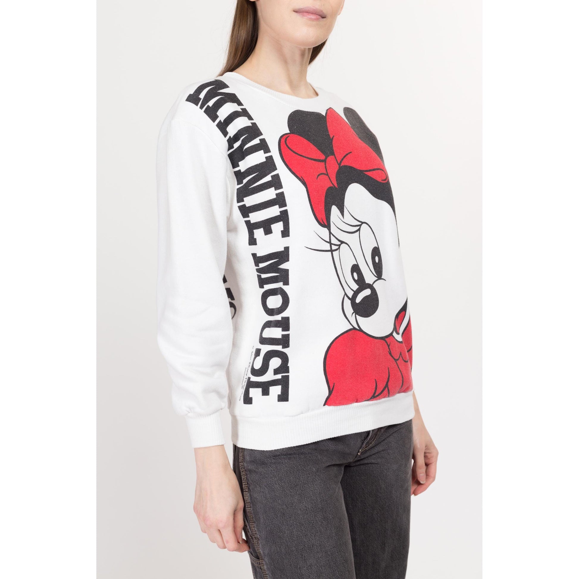 Small 90s Minnie Mouse Front & Back Graphic Sweatshirt | Vintage White Disney Cartoon Crewneck