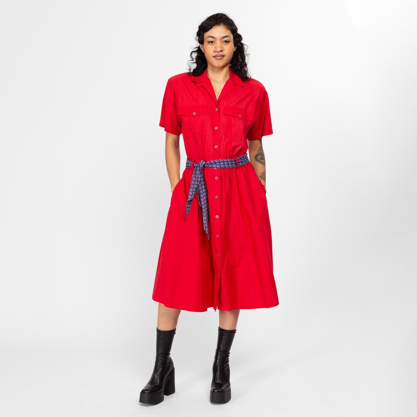 Small 80s Liz Sport Red Cotton Belted Midi Shirtdress | Vintage Button Up Collared Short Sleeve Fit & Flare Dress