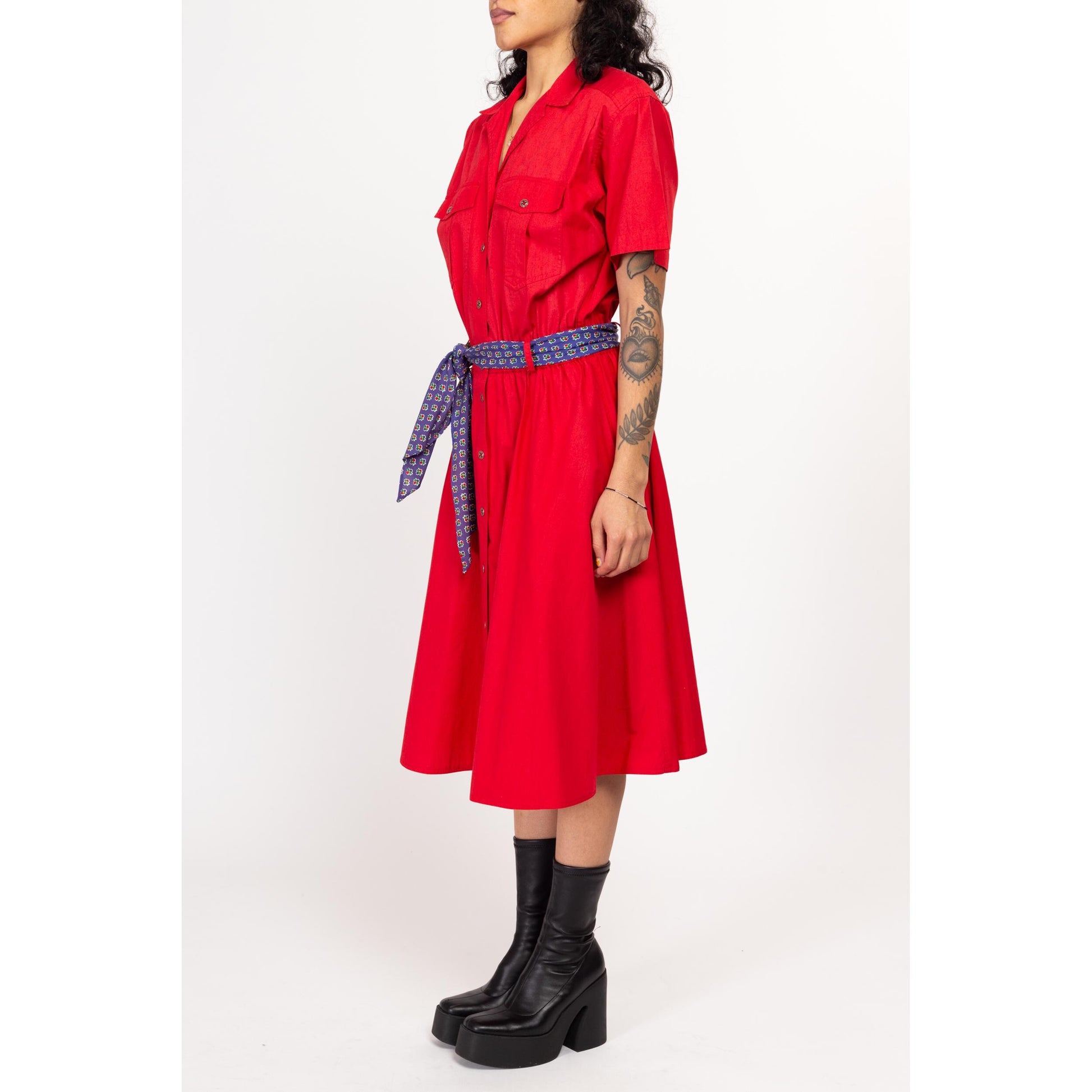 Small 80s Liz Sport Red Cotton Belted Midi Shirtdress | Vintage Button Up Collared Short Sleeve Fit & Flare Dress