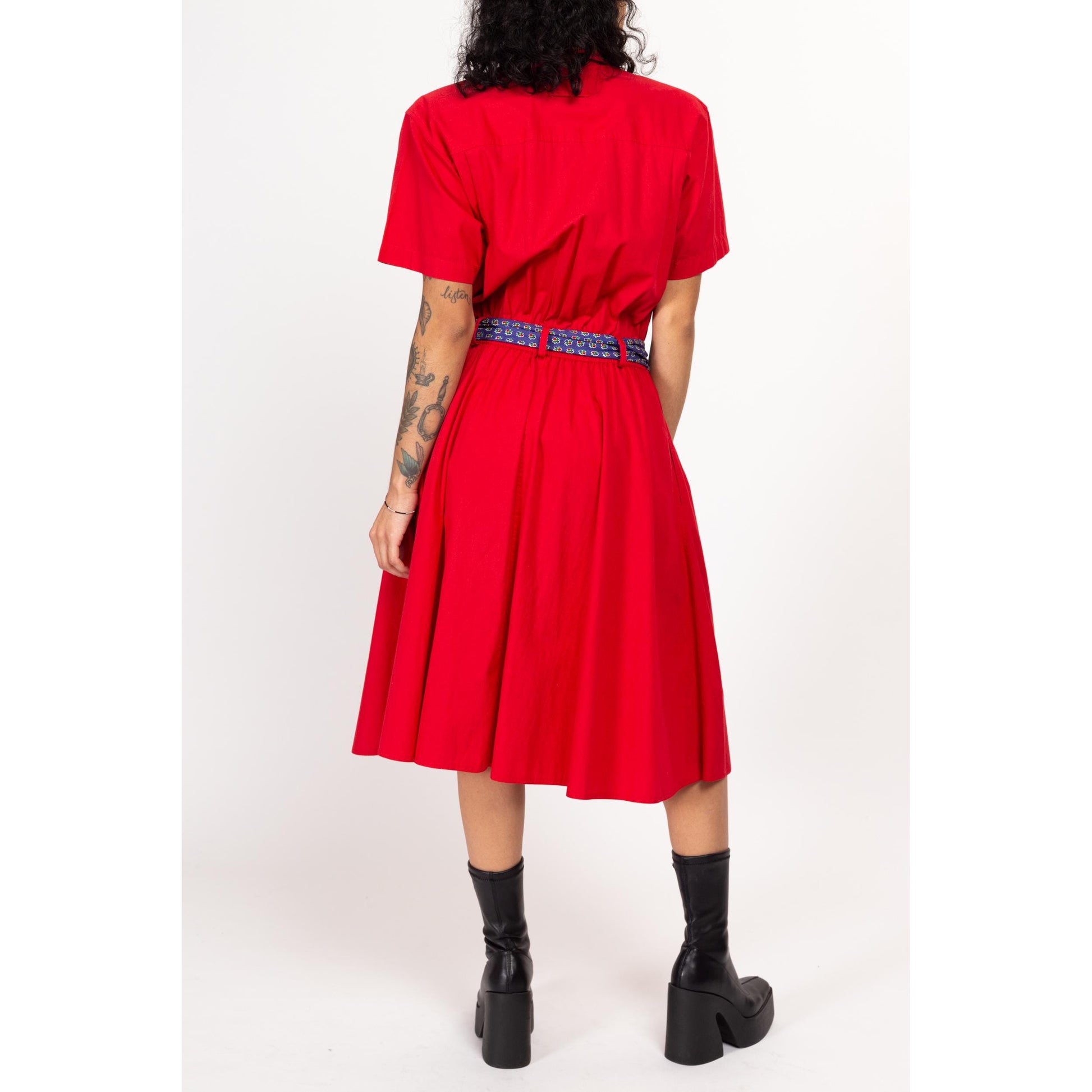 Small 80s Liz Sport Red Cotton Belted Midi Shirtdress | Vintage Button Up Collared Short Sleeve Fit & Flare Dress