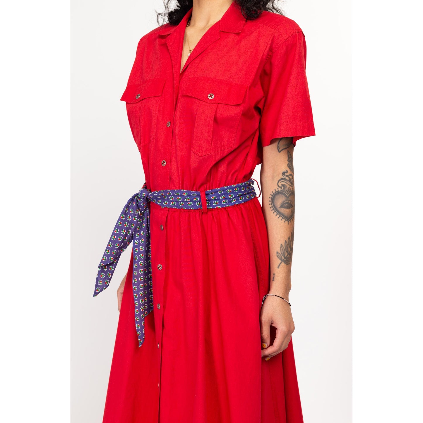 Small 80s Liz Sport Red Cotton Belted Midi Shirtdress | Vintage Button Up Collared Short Sleeve Fit & Flare Dress