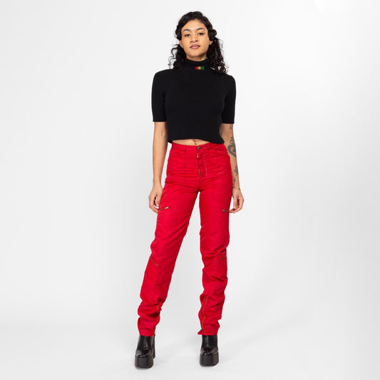 XS-Sm 80s Red High Waisted Parachute Pants 27" | Vintage Panno D'or Tapered Leg Nylon Windbreaker Pants