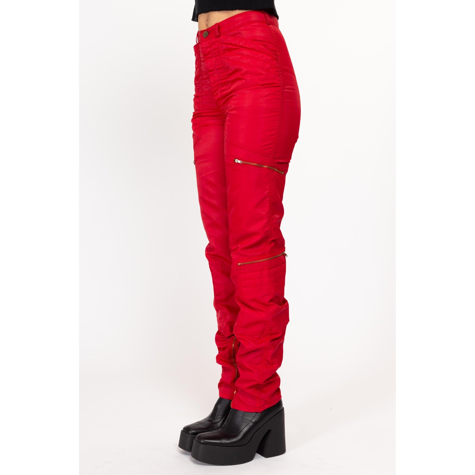 XS-Sm 80s Red High Waisted Parachute Pants 27" | Vintage Panno D'or Tapered Leg Nylon Windbreaker Pants