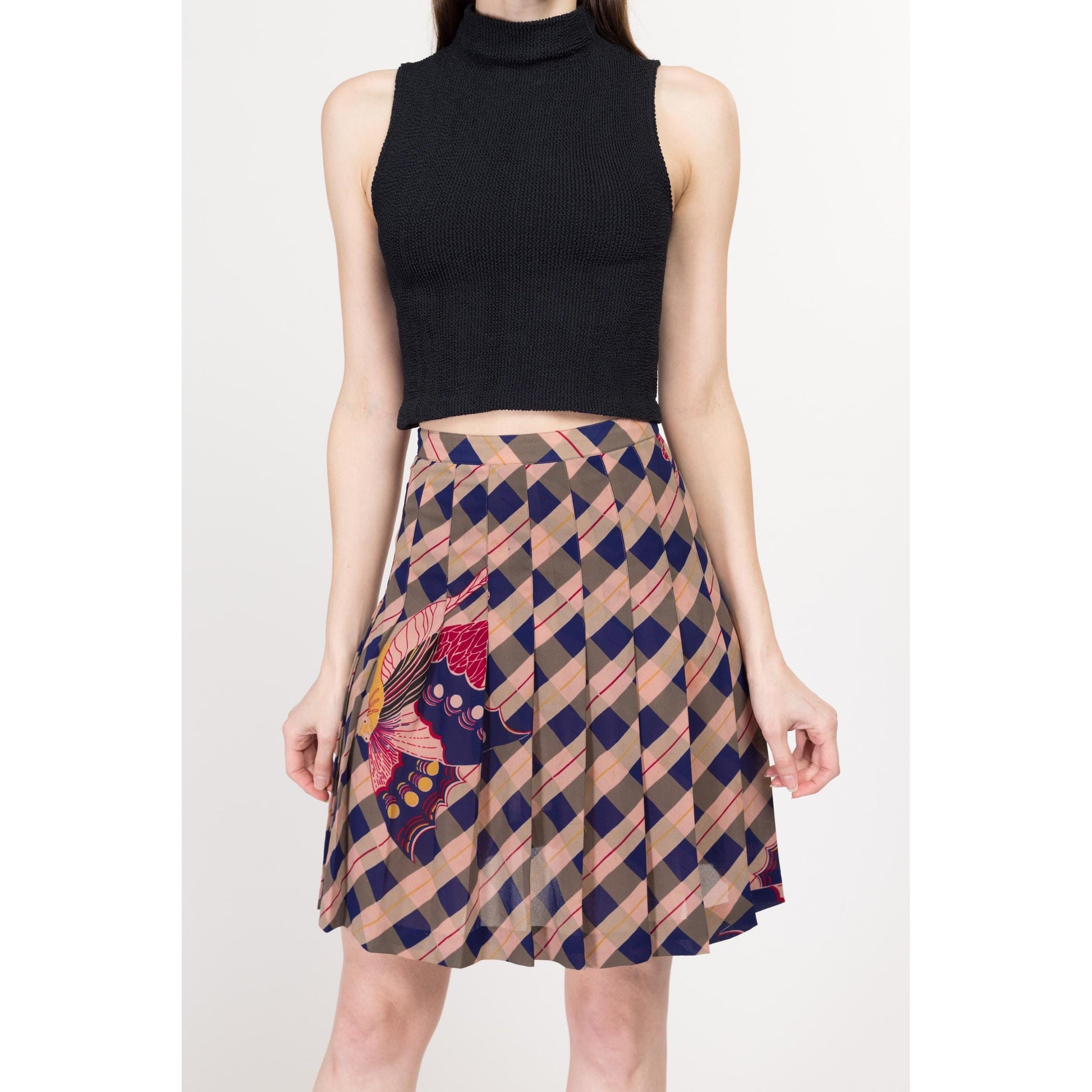 Medium 80s Nicole Miller Butterfly Print Plaid Mini Skirt 29" | Vintage High Waisted Boho Pleated Designer Skirt