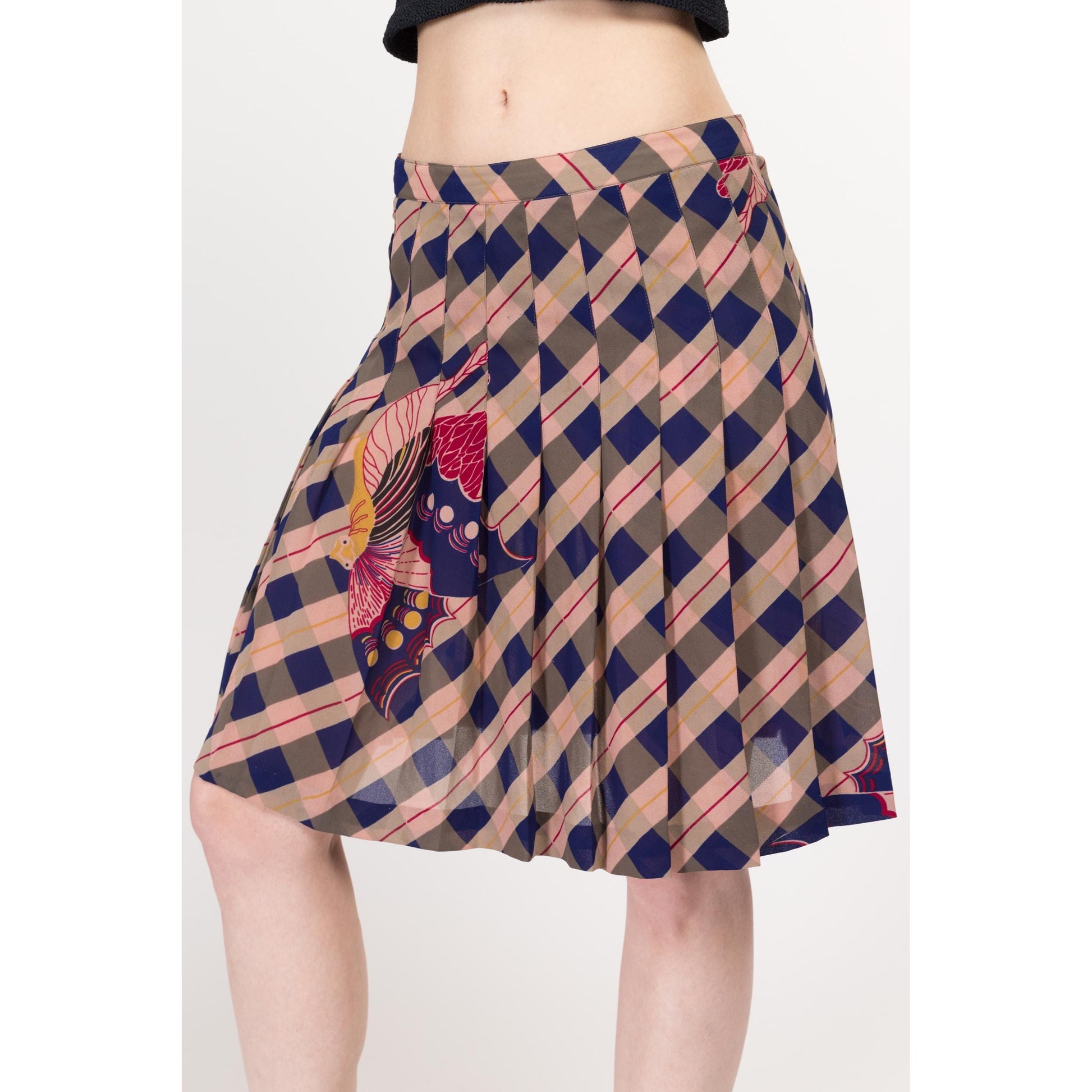 Medium 80s Nicole Miller Butterfly Print Plaid Mini Skirt 29" | Vintage High Waisted Boho Pleated Designer Skirt