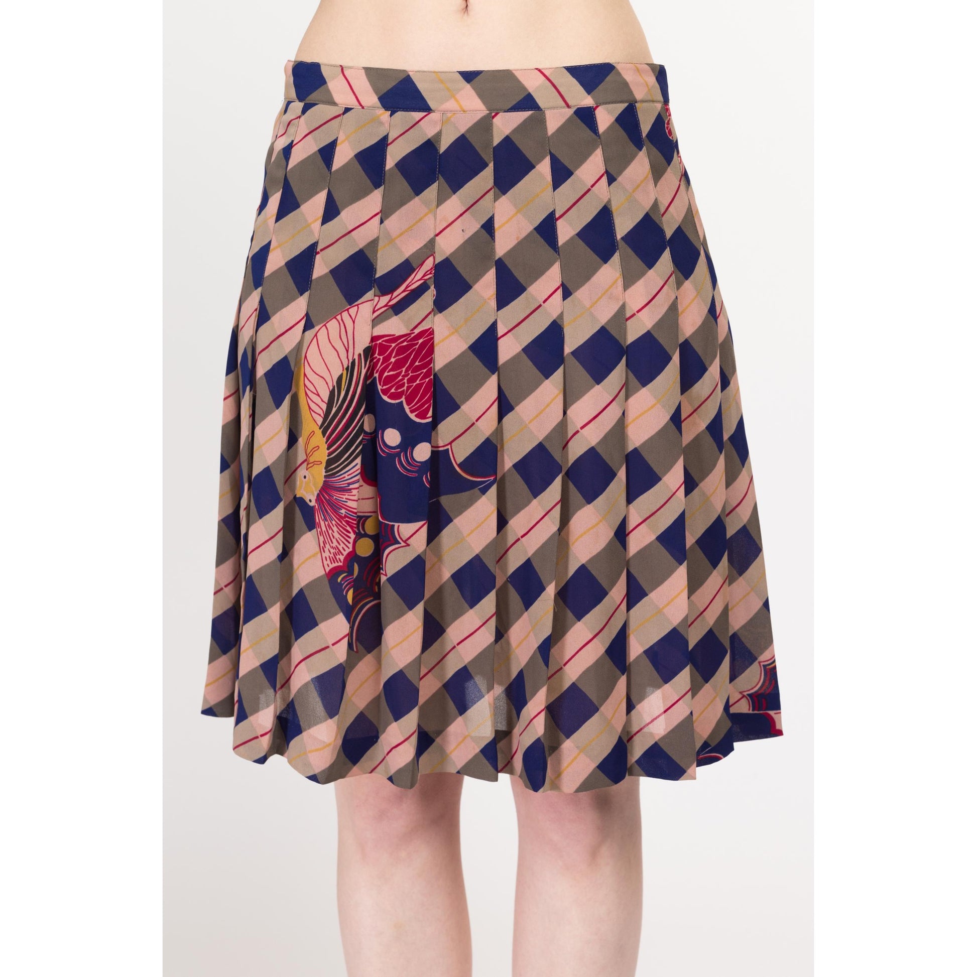 Medium 80s Nicole Miller Butterfly Print Plaid Mini Skirt 29" | Vintage High Waisted Boho Pleated Designer Skirt