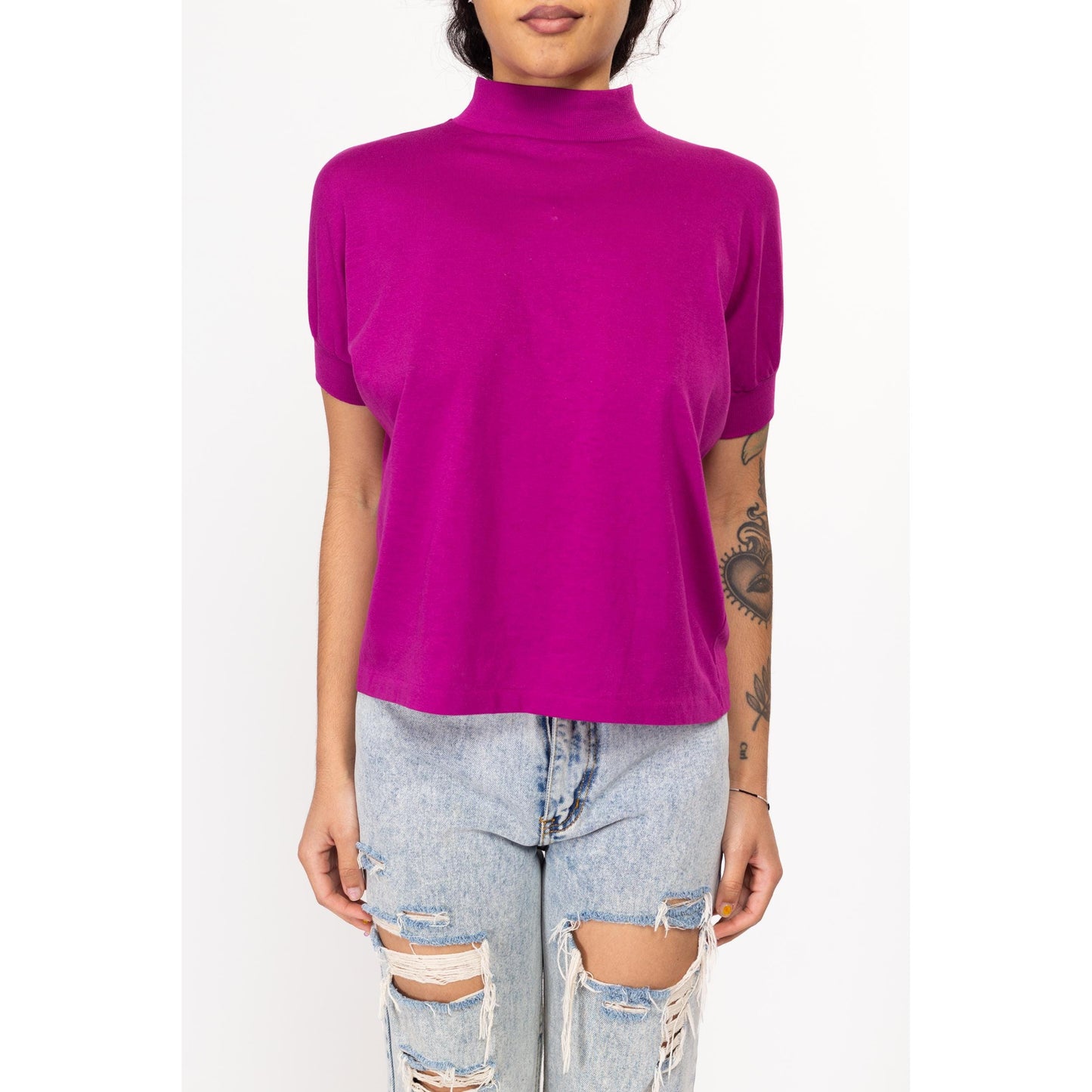 Medium 80s Magenta Mockneck Top | Vintage Short Dolman Sleeve Shirt