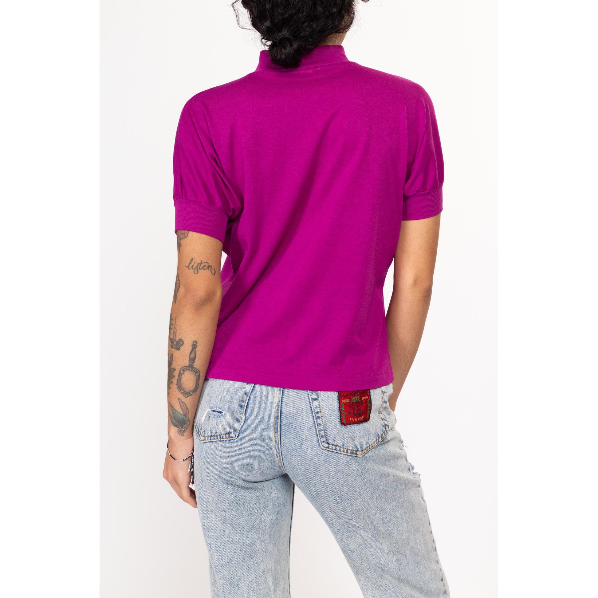 Medium 80s Magenta Mockneck Top | Vintage Short Dolman Sleeve Shirt