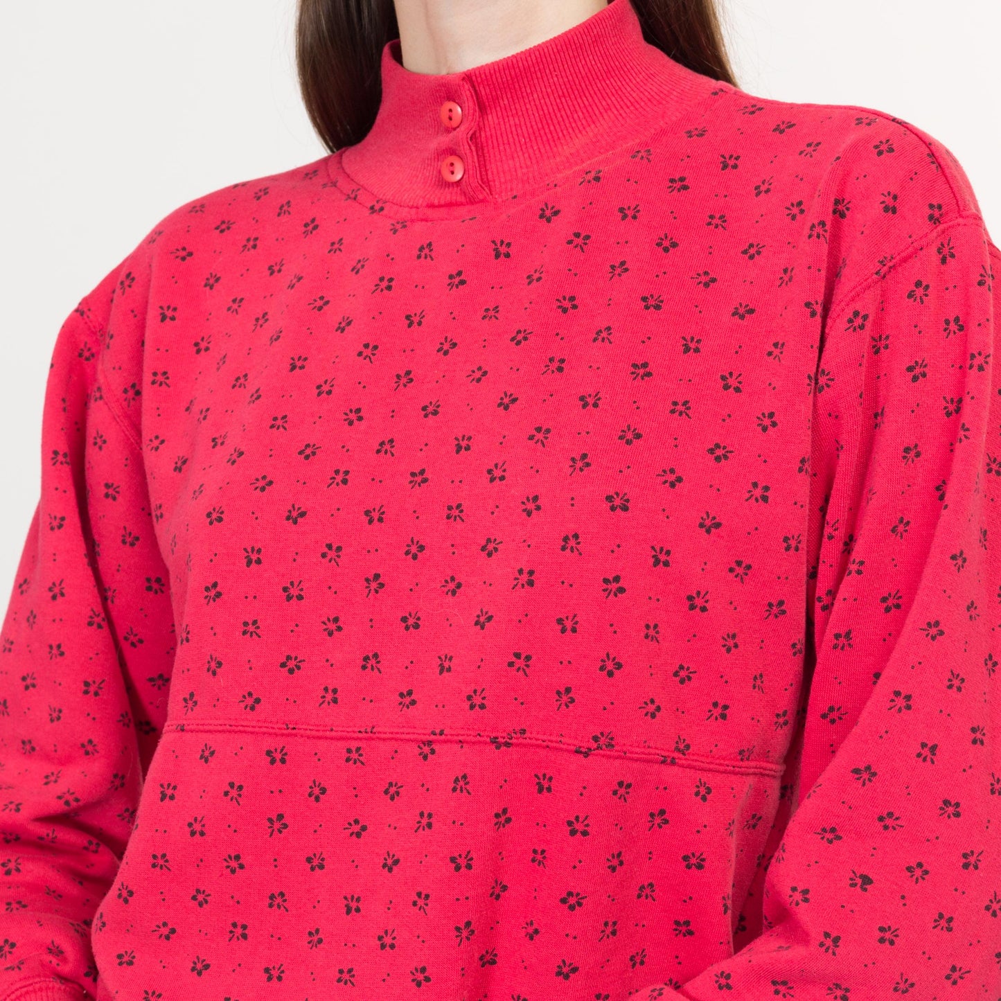 Small 80s Red Floral Mockneck Sweatshirt | Vintage Slouchy Pullover Henley Top