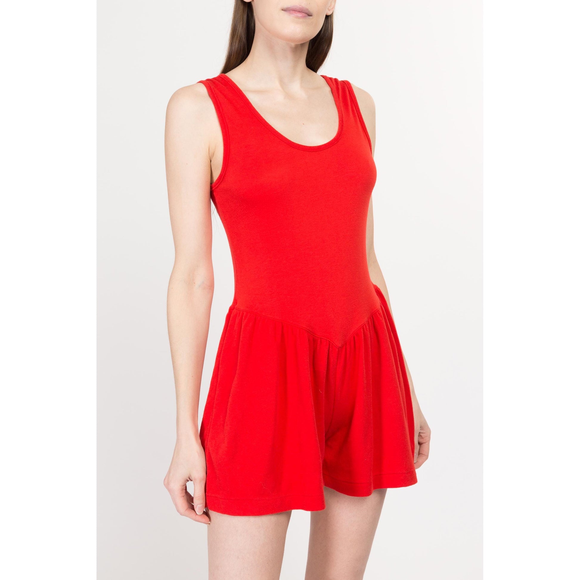 Sm-Med 80s Red Pinafore Romper | Retro Vintage Sleeveless Scoop Neck Jersey Playsuit