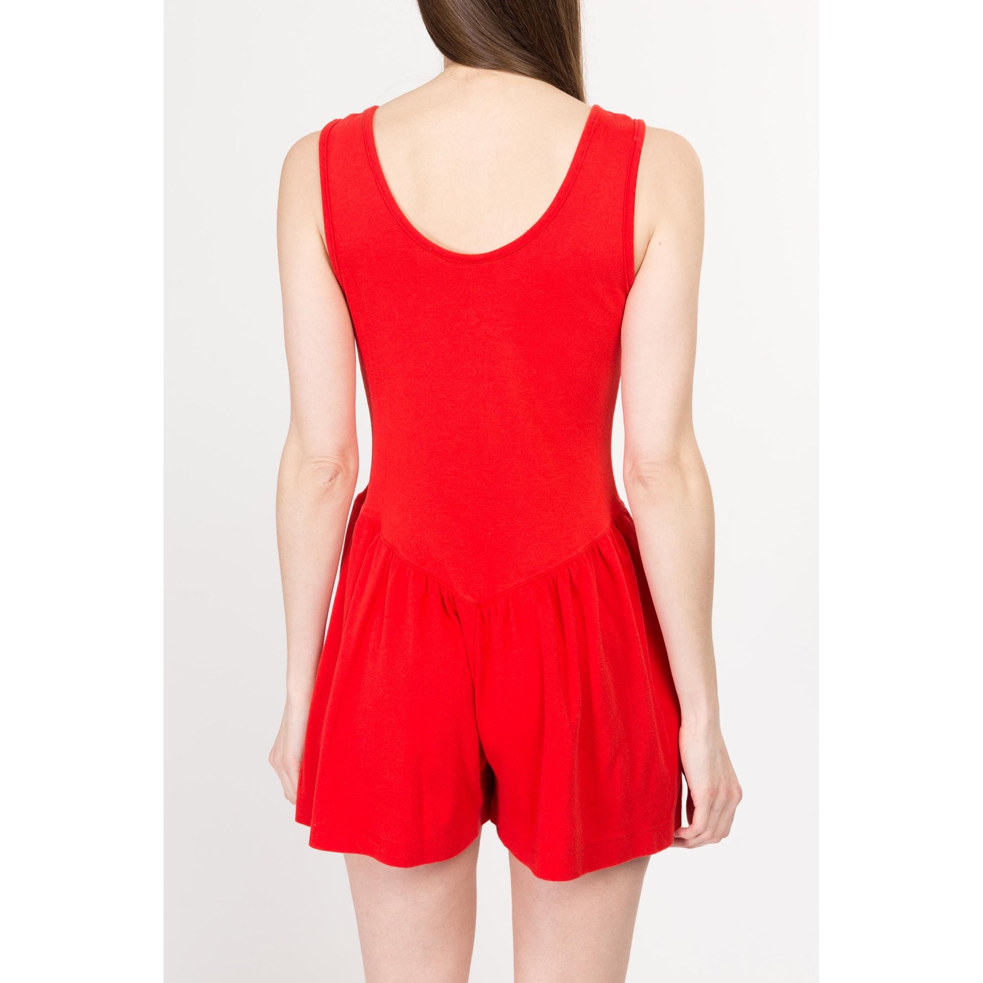 Sm-Med 80s Red Pinafore Romper | Retro Vintage Sleeveless Scoop Neck Jersey Playsuit