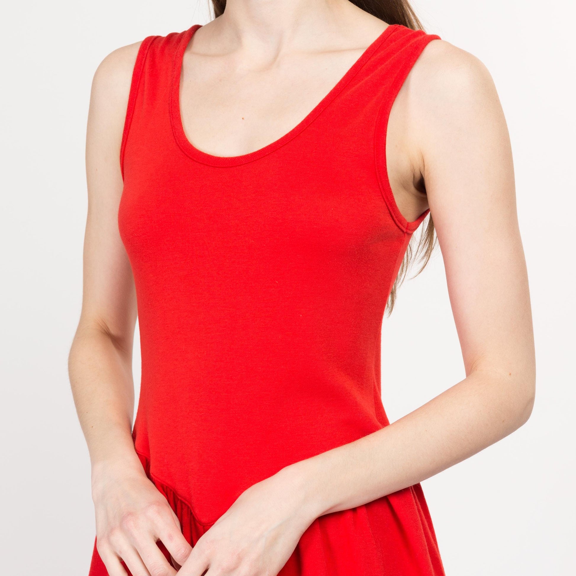 Sm-Med 80s Red Pinafore Romper | Retro Vintage Sleeveless Scoop Neck Jersey Playsuit