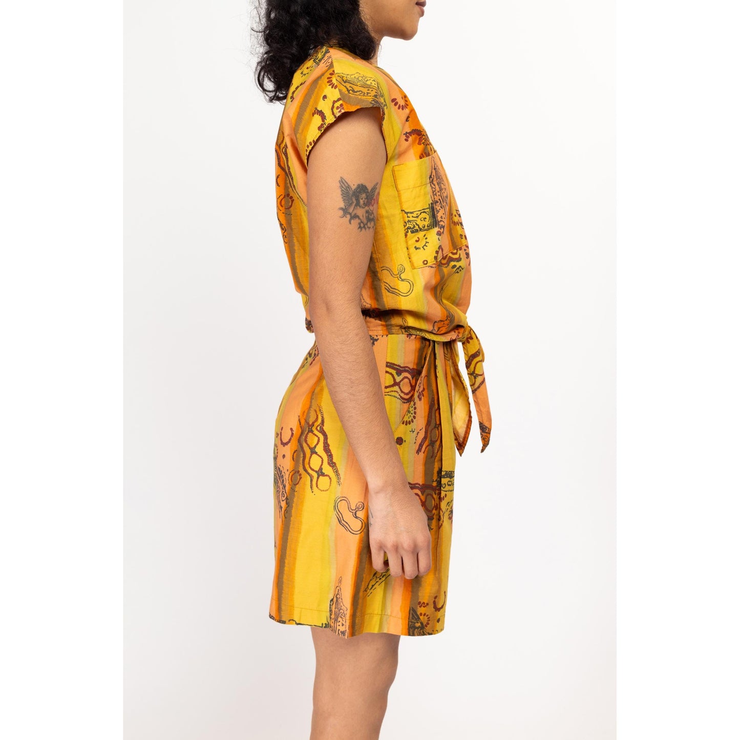 XS 90s Boho Yellow Batik Striped Tie Front Crop Top & Wide Leg Shorts Set | Vintage Two Piece Matching Loungewear Outfit