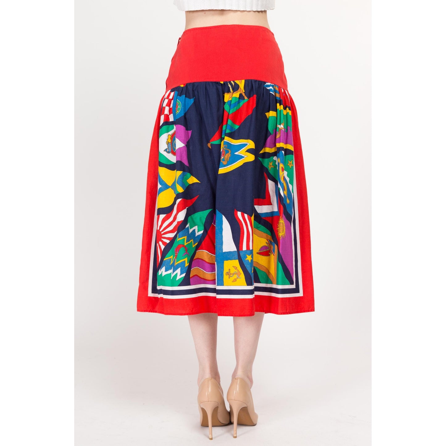 Medium 80s Nautical Flag Midi Skirt | Retro Vintage Cristina Santandrea Red Blue A Line High Waisted Skirt