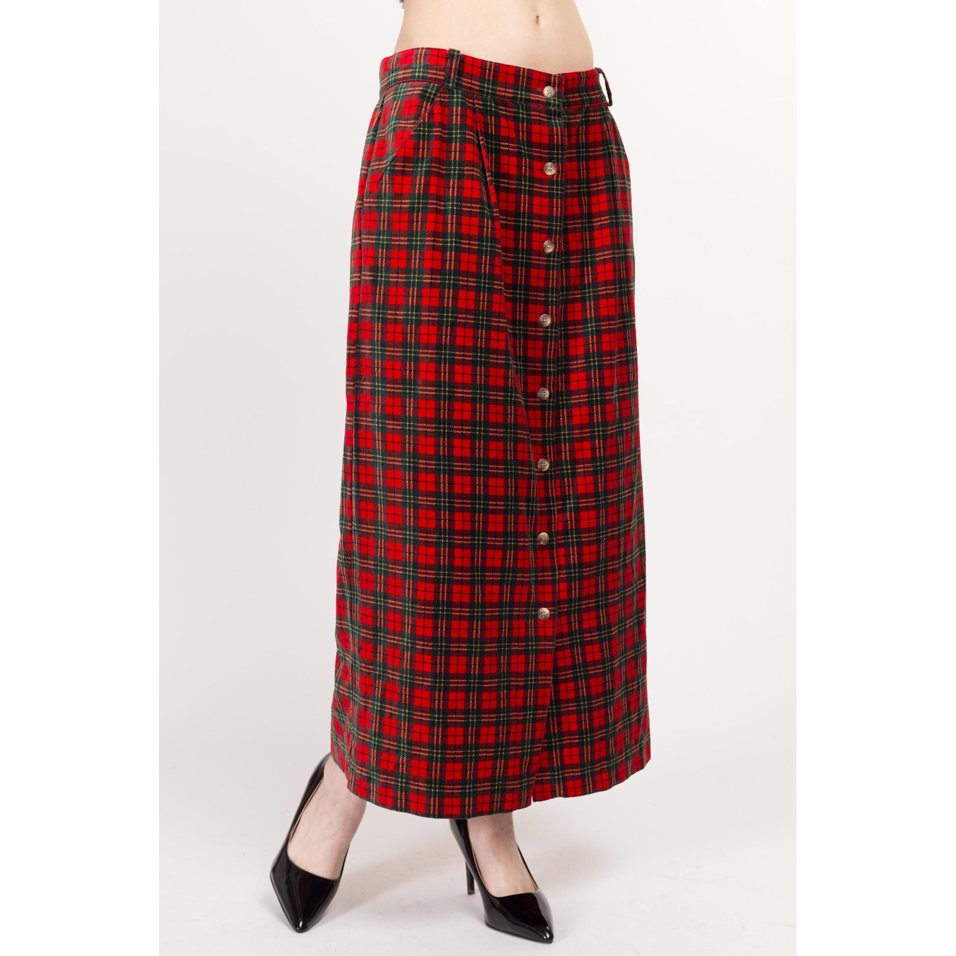 Large 80s Red Plaid Velvet Maxi Skirt 31" | Vintage Button Front High Waisted Straight Skirt