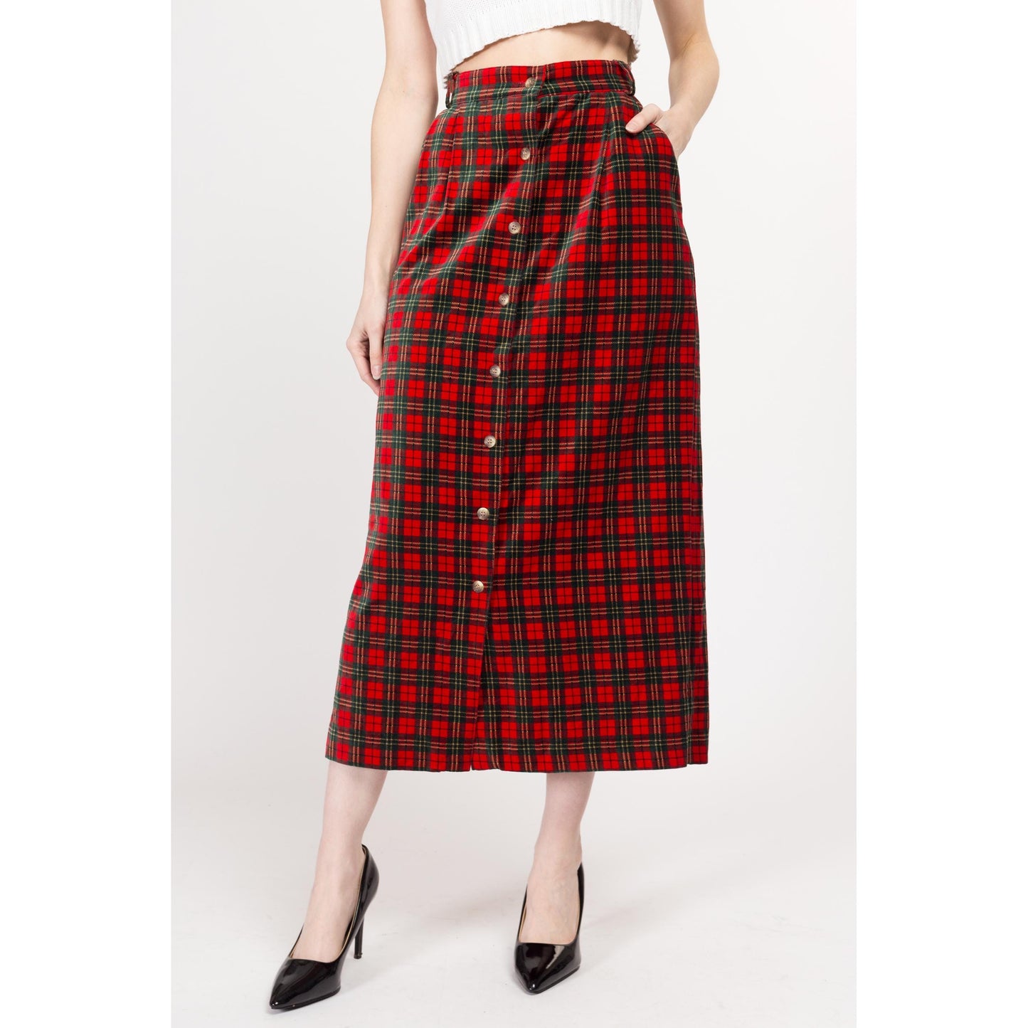 Large 80s Red Plaid Velvet Maxi Skirt 31" | Vintage Button Front High Waisted Straight Skirt