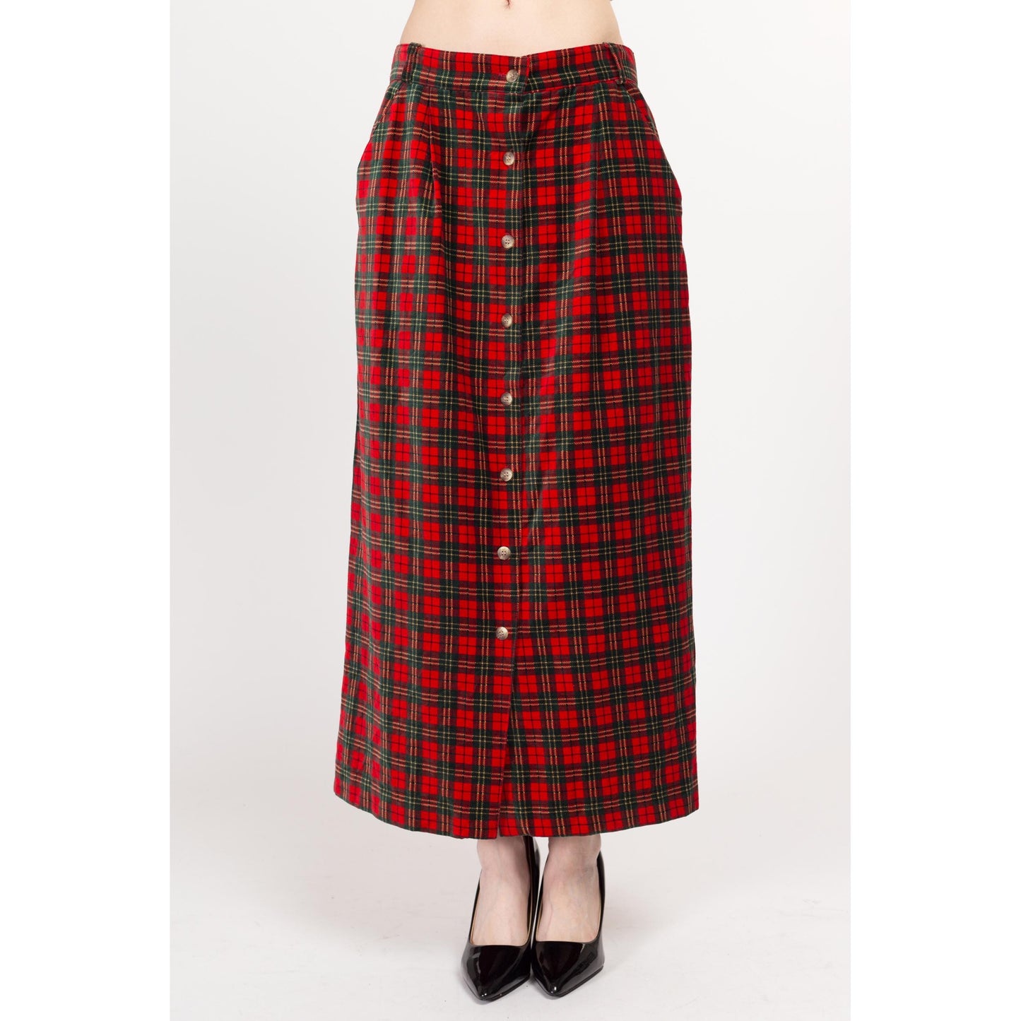 Large 80s Red Plaid Velvet Maxi Skirt 31" | Vintage Button Front High Waisted Straight Skirt