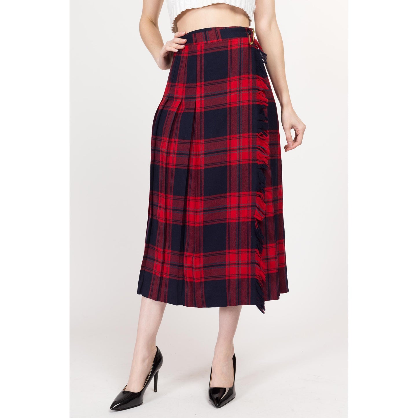 Medium 80s Red & Blue Plaid Wool Midi Kilt Skirt 28.5" | Vintage Tartan High Waisted Pleated Fringe Wrap Skirt