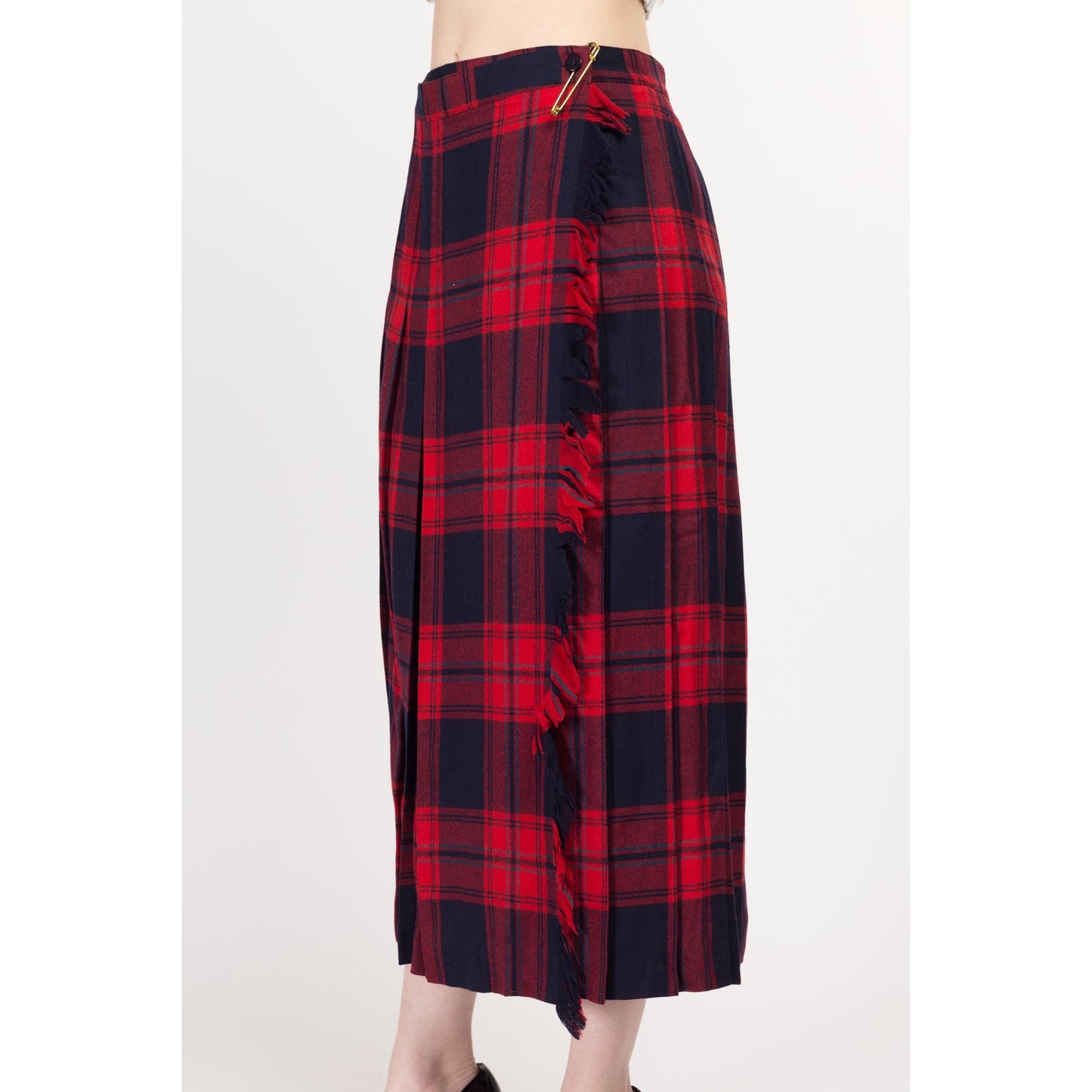 Medium 80s Red & Blue Plaid Wool Midi Kilt Skirt 28.5" | Vintage Tartan High Waisted Pleated Fringe Wrap Skirt