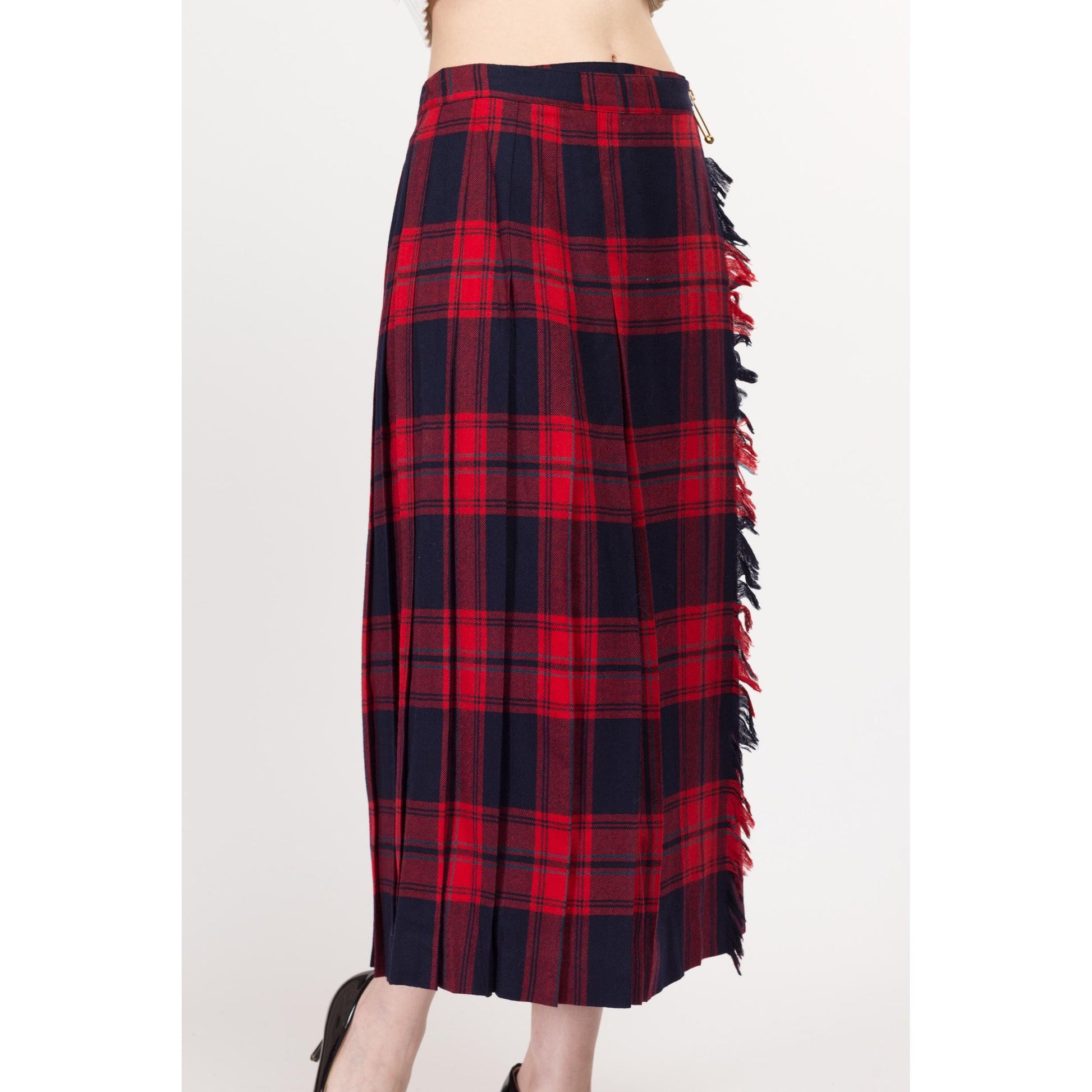 Medium 80s Red & Blue Plaid Wool Midi Kilt Skirt 28.5" | Vintage Tartan High Waisted Pleated Fringe Wrap Skirt